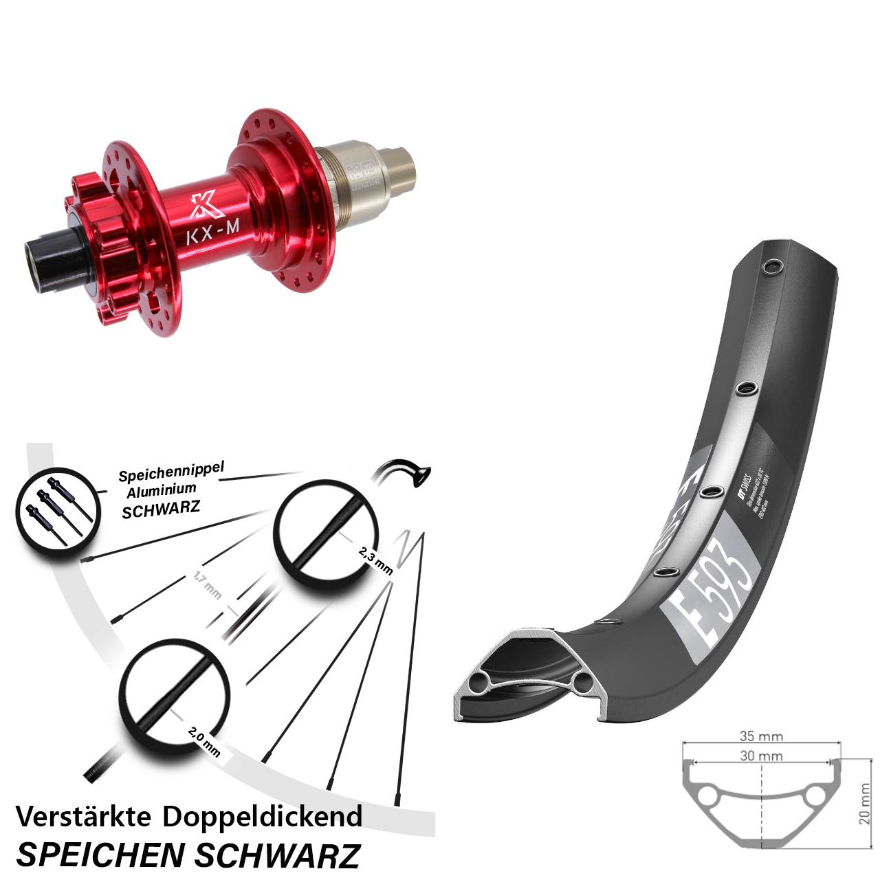 29 Zoll DT Swiss E 593 KX-M rot Hinterrad 6-Loch 12x142 XD 11-12 fach