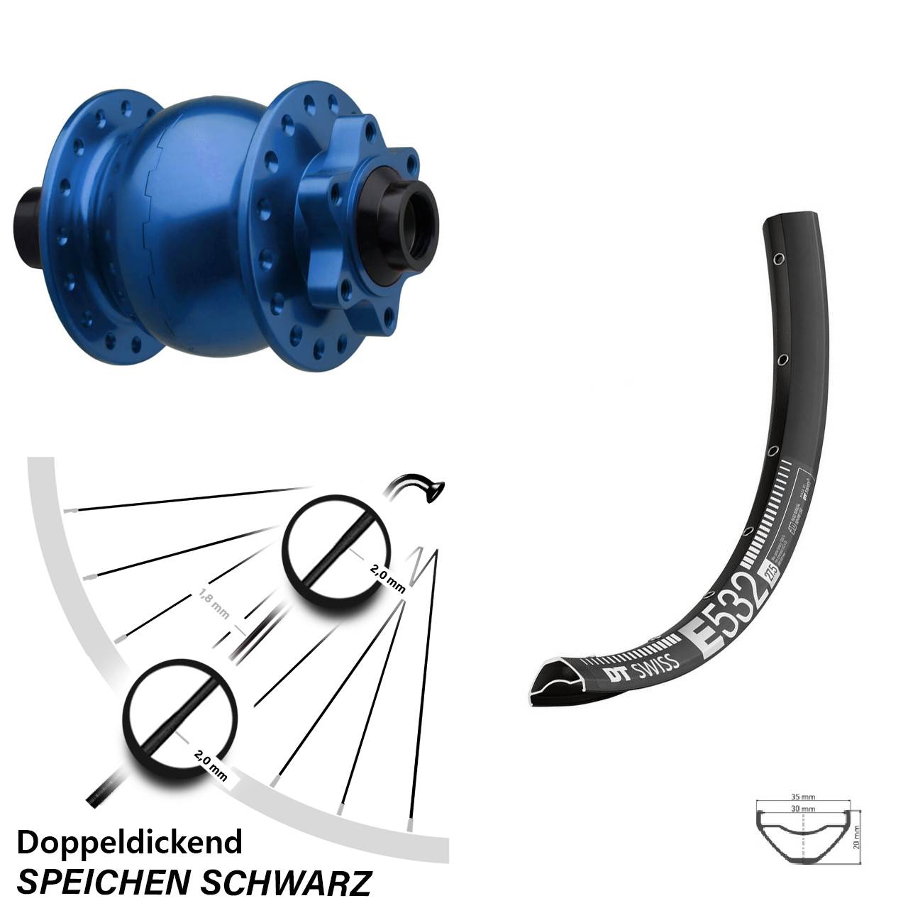 Disc Vorderrad mit Nabendynamo 27,5 Zoll DT Swiss E532 SON 28 blau 15x110 Boost