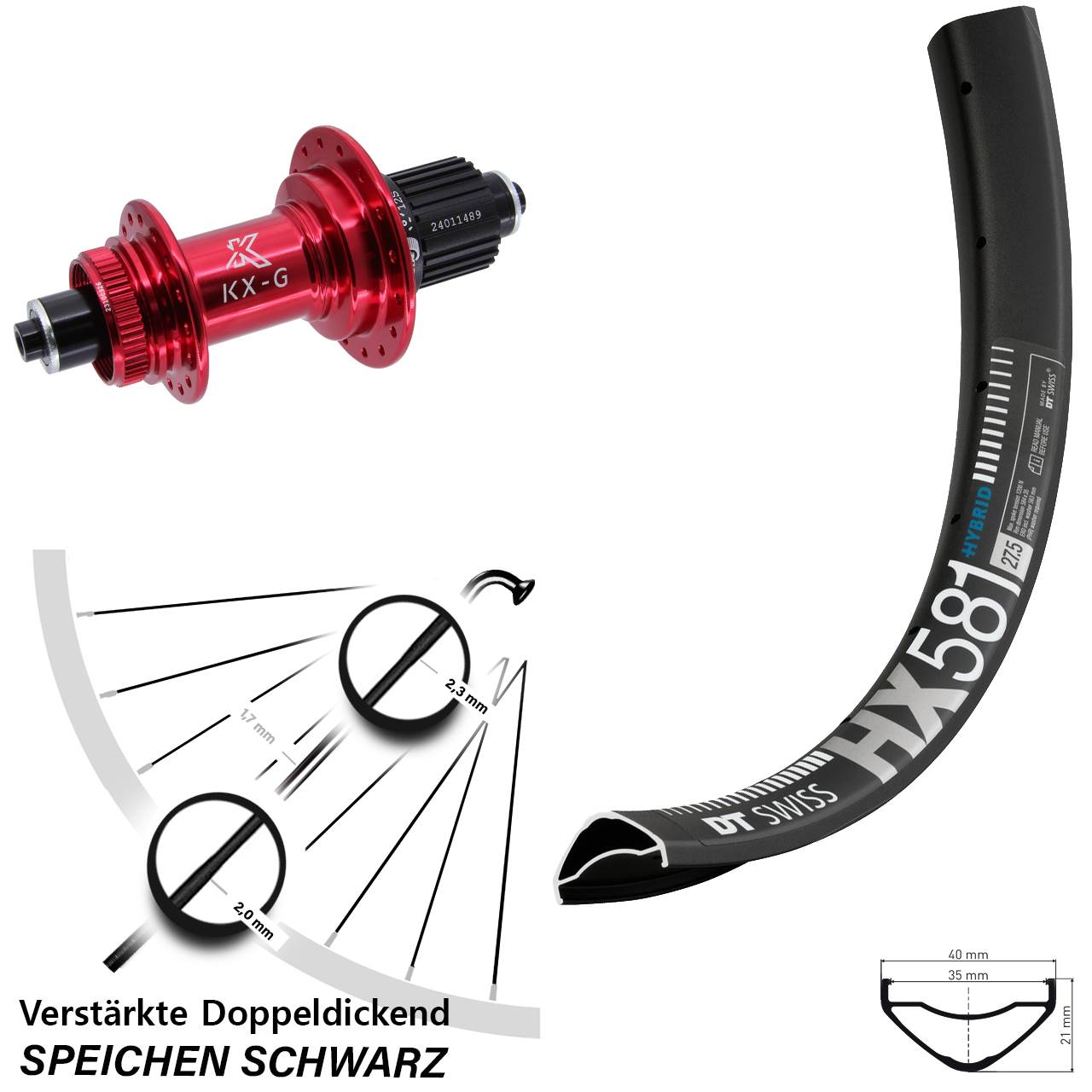 27,5 Zoll DT Swiss HX 581 KX-G rot Centerlock Hinterrad QR Micro Spline