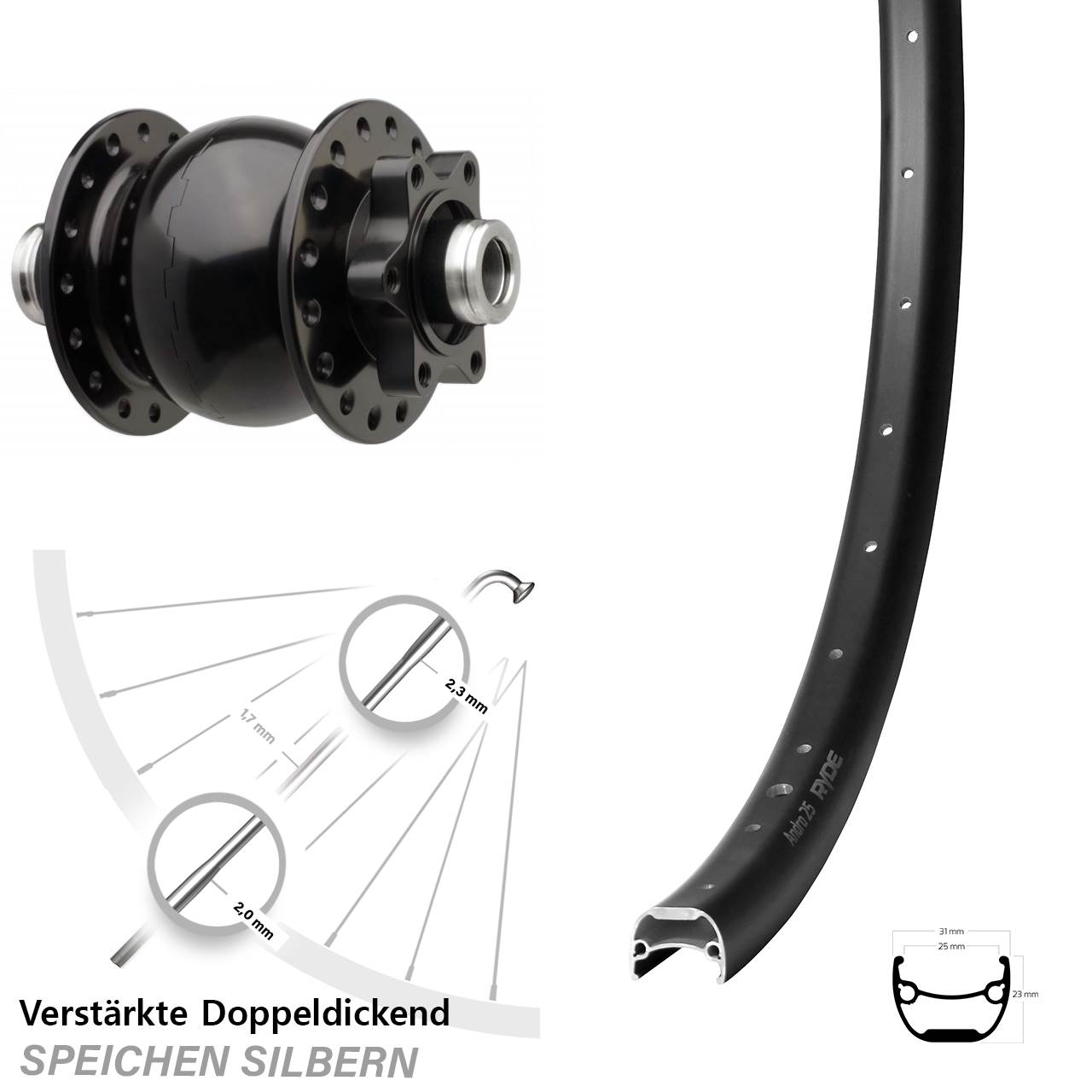 SON 28 Ryde Andra 25 28-29 Zoll Disc Vorderrad mit Nabendynamo 12x110 Boost
