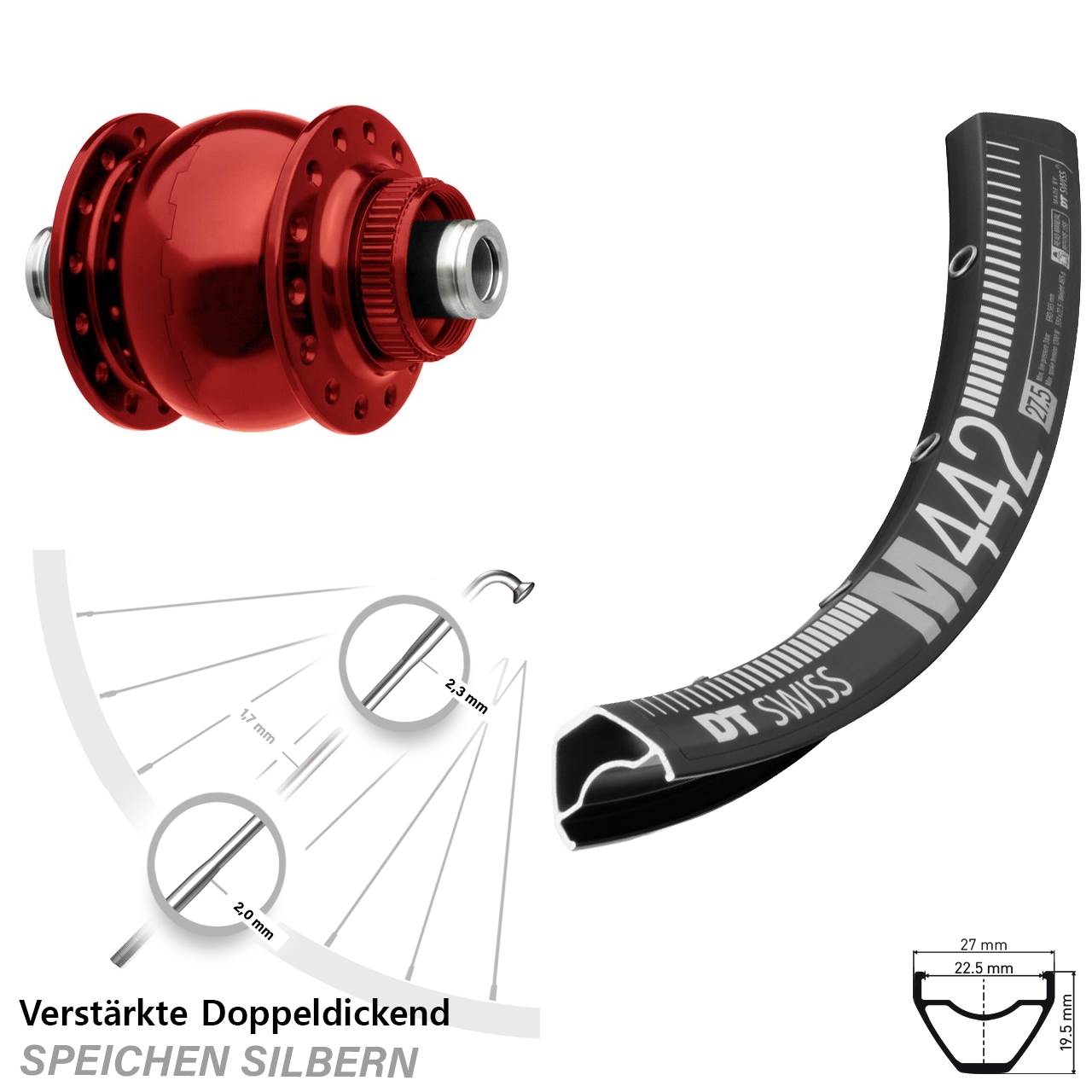 Disc Nabendynamovorderrad 28-29 Zoll DT Swiss M 442 SON 28 rot 12x100
