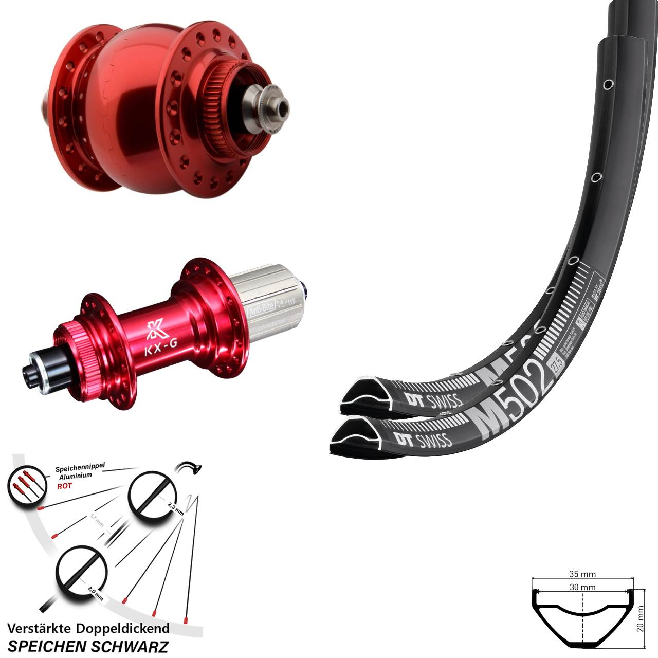 Laufradsatz Centerlock 29 Zoll DT Swiss M502 KX-G rot SON 28 8-12 fach QR