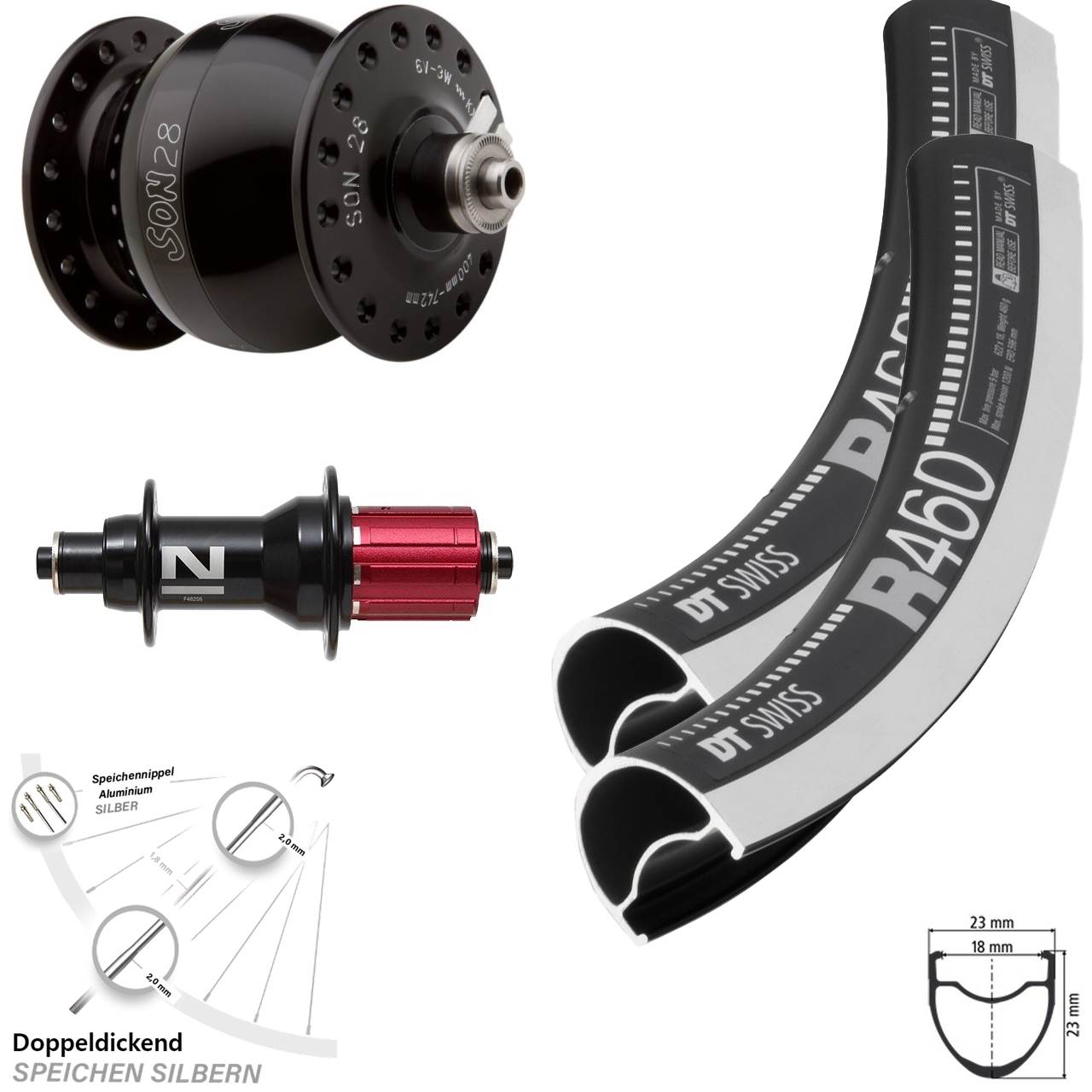Laufradsatz Dynamo SON 28 Zoll Felgenbremse DT Swiss R 460 Novatec F482 Road 11-fach