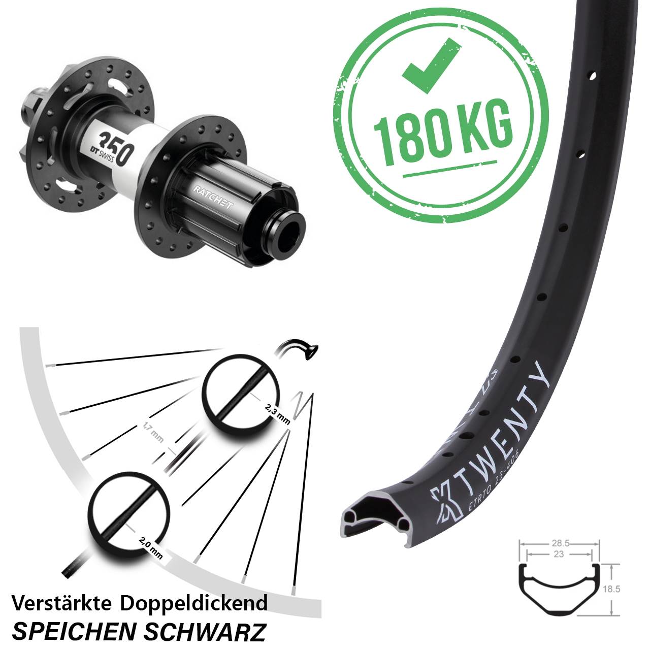 20 Zoll KX Twenty DT Swiss 350 Ratchet 36 Laufrad 12x148 Boost 6-Loch 8-11 fach