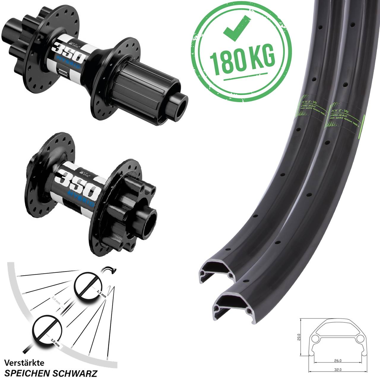 Laufradsatz 29 Zoll 26-622 E-Bike KX Evo Felge DT Swiss 350 Hybrid Boost 15x110 12x148 mm