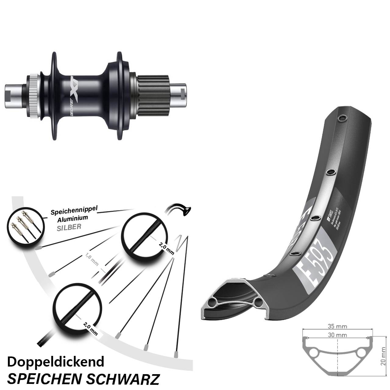 29 Zoll DT Swiss E 593 Shimano XT Hinterrad Centerlock 12x142 Shimano Micro Spline