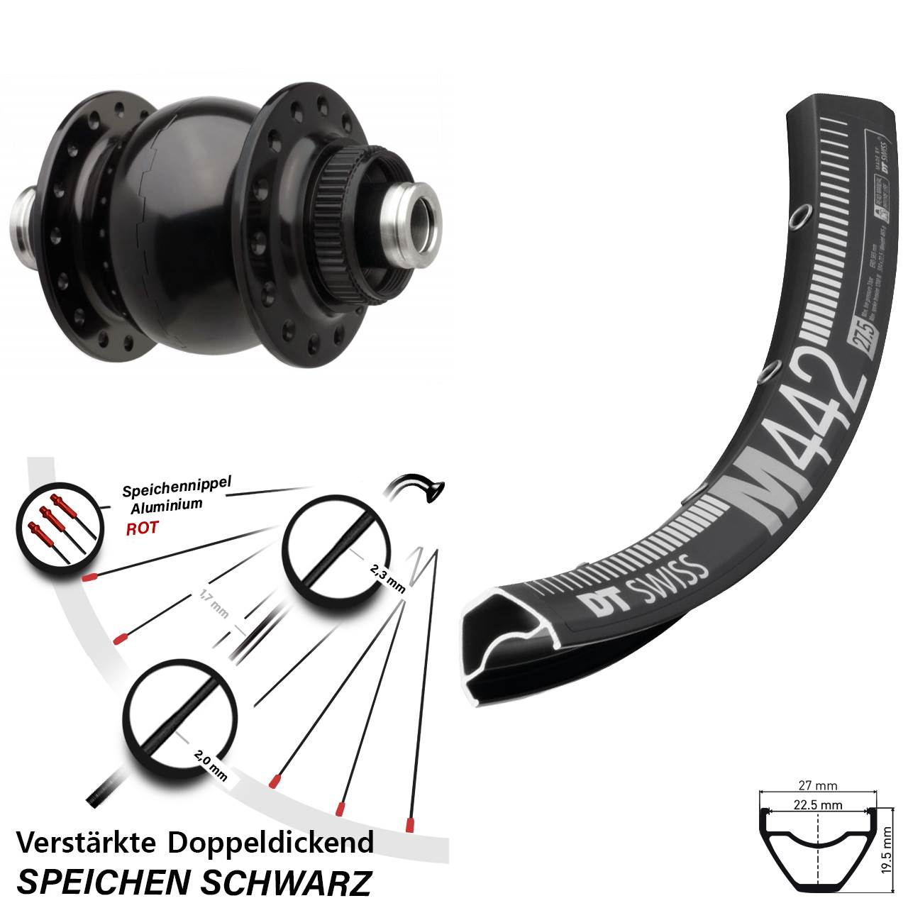 Disc Nabendynamo-Laufrad 29 Zoll DT Swiss M 442 SON 28 12x110 Boost