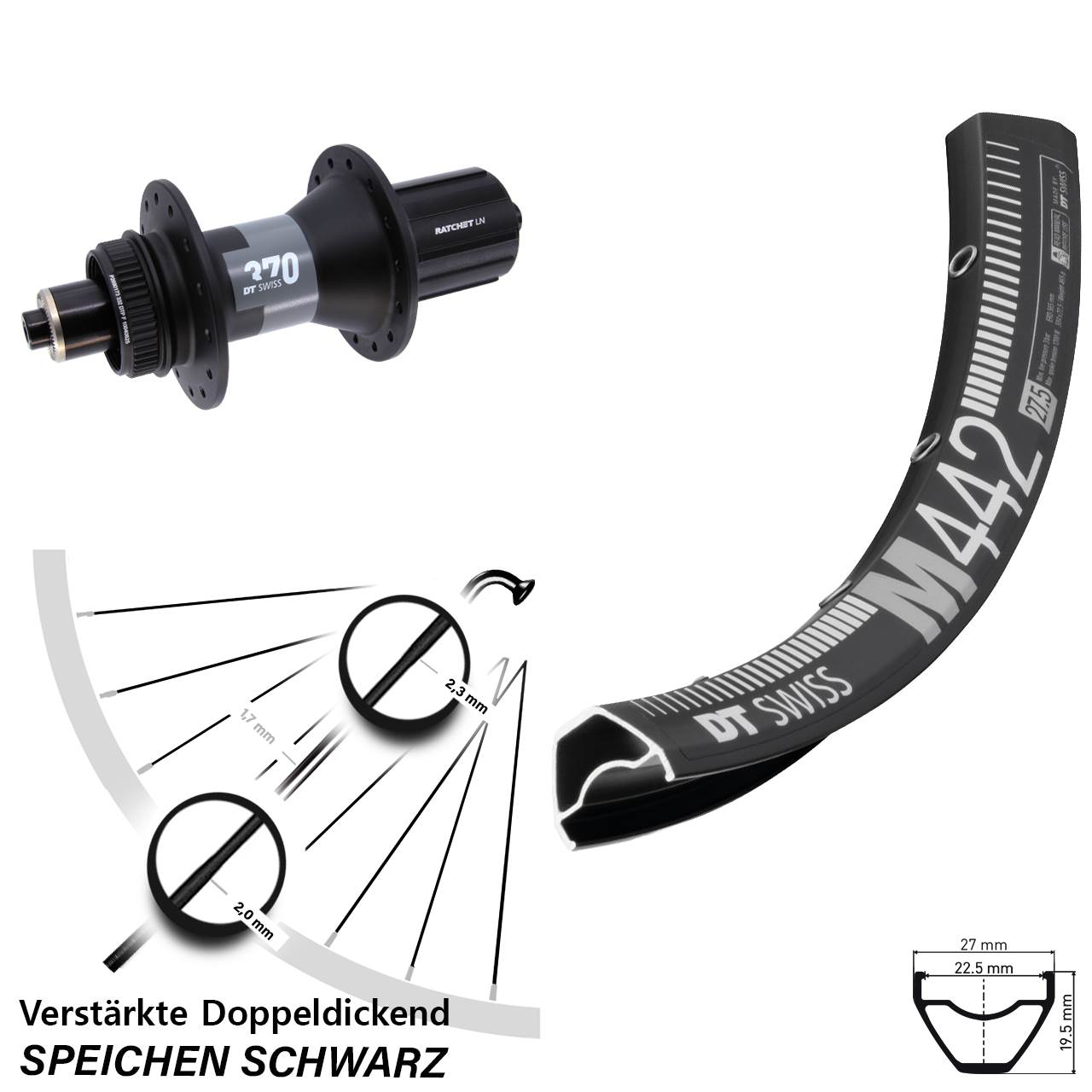 28-29 Zoll DT Swiss M 442-370 Centerlock Hinterrad für Schnellspanner 8-12 fach