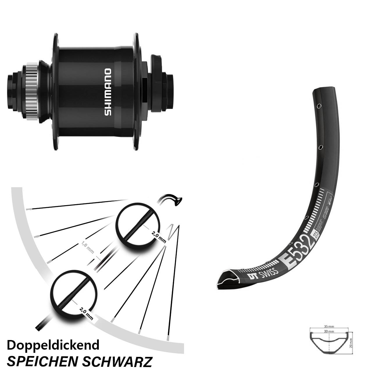DT Swiss E 532 Shimano DH-UR708 29 Zoll Disc Laufrad mit Nabendynamo 15x100