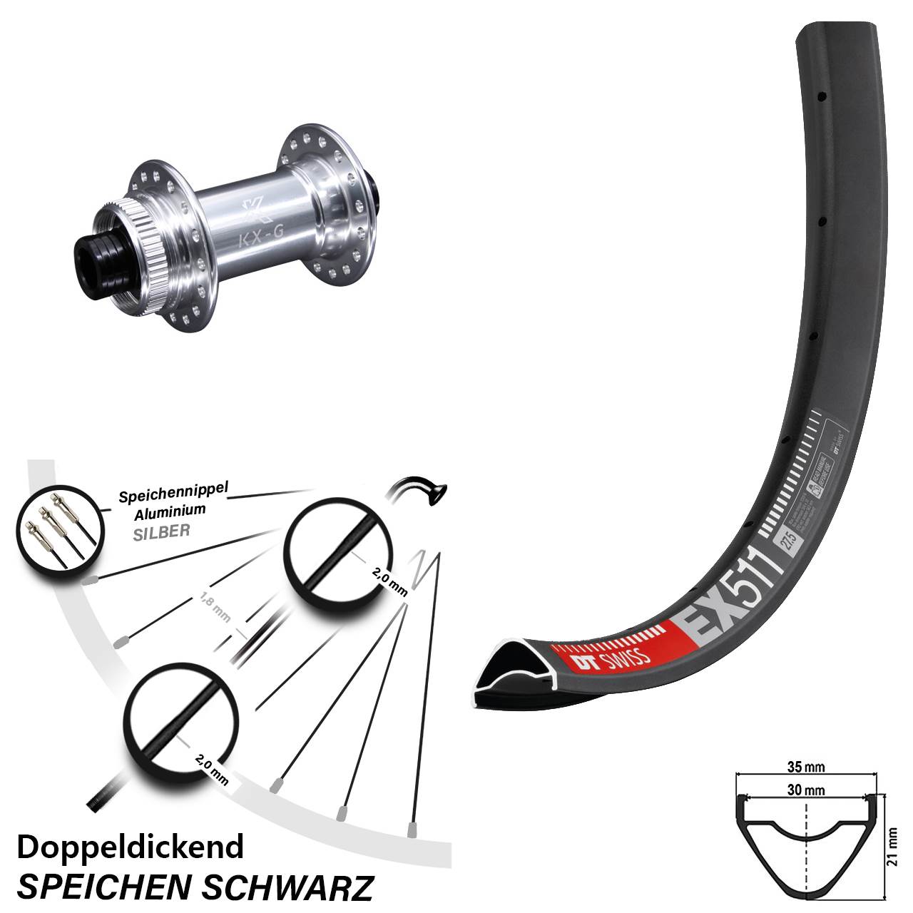 DT Swiss EX 511 Vorderrad 29 Zoll KX-G silbern 15x100