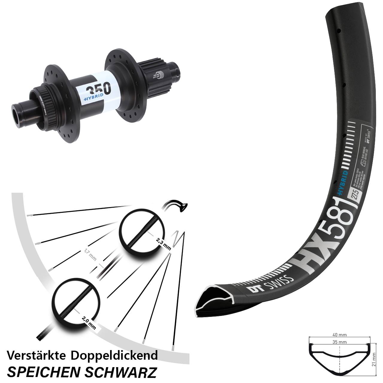 Disc Hinterrad 27,5 Zoll HX581 DT Swiss 350 Hybrid Micro Spline 12x148 Boost