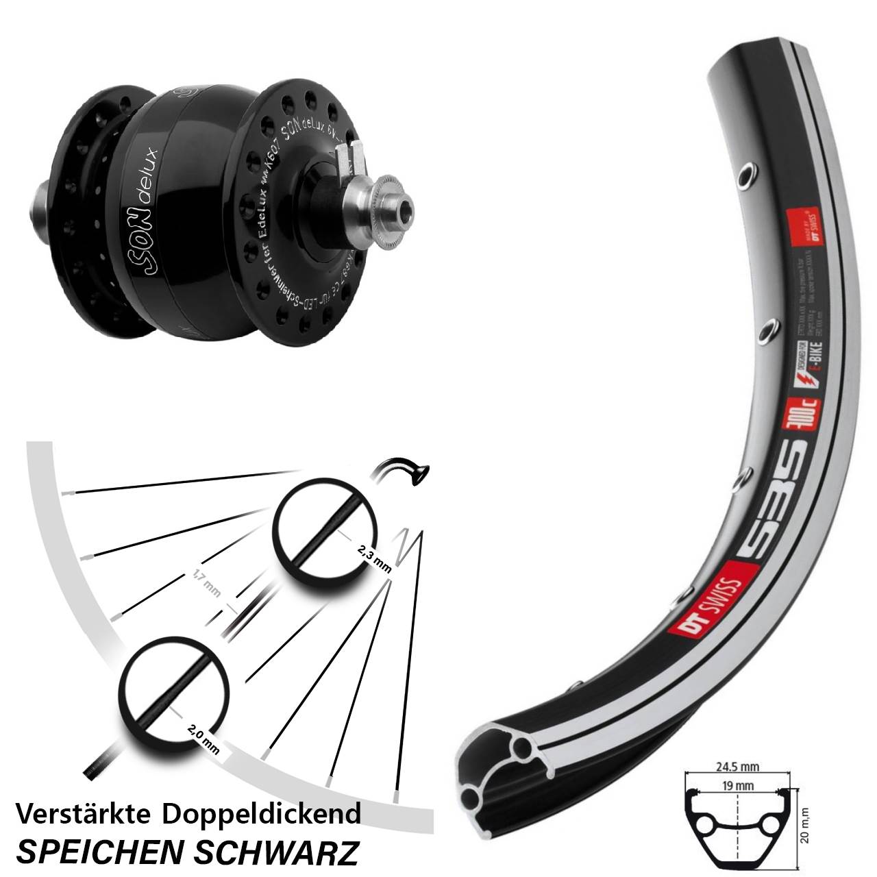 Nabendynamolaufrad 26 Zoll DT Swiss 535 SONdelux QR