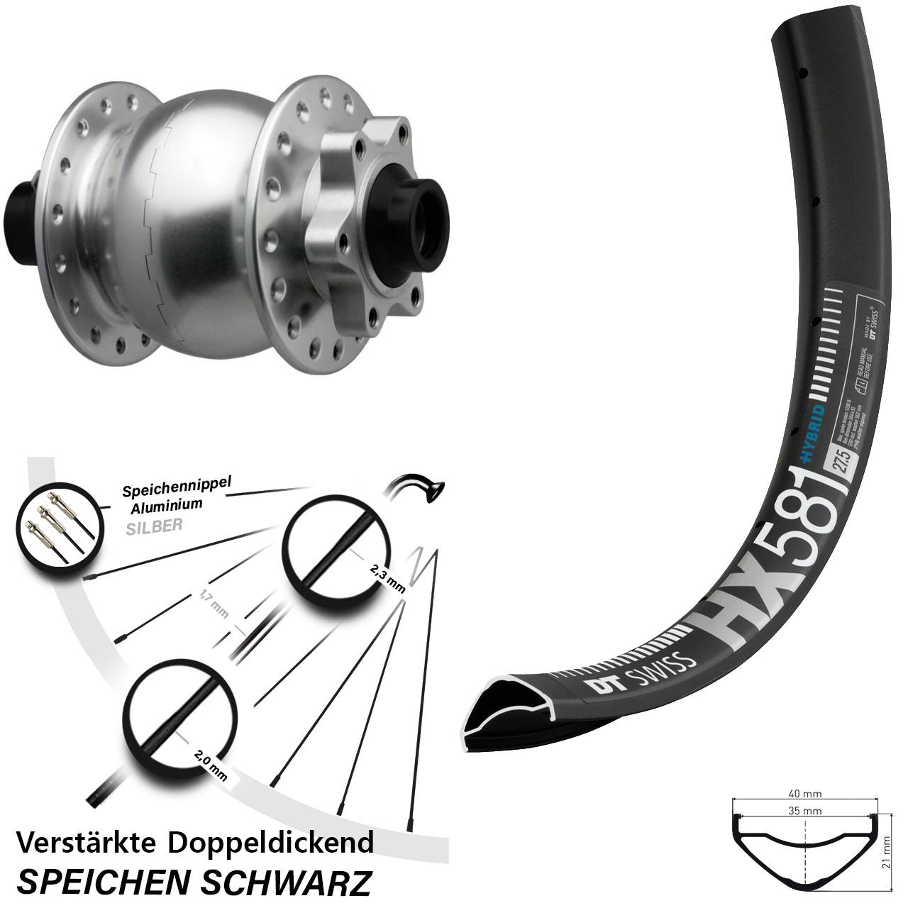 Boost Nabendynamovorderrad 6-Loch 15x110 27,5 Zoll DT Swiss HX581 SON 28