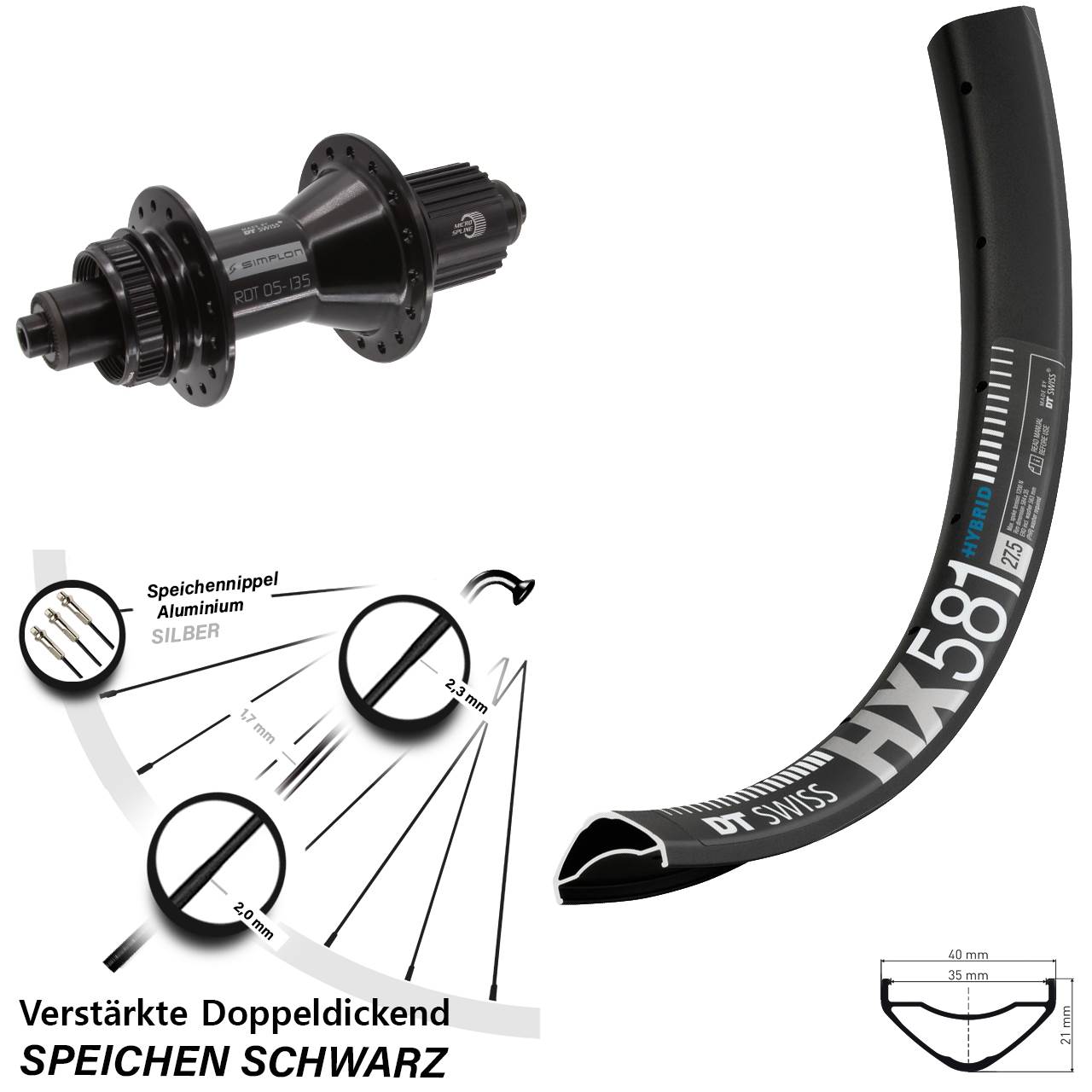 Centerlock Hinterrad 27,5 Zoll DT Swiss HX581-370 Hybrid Micro Spline für Schnellspanner