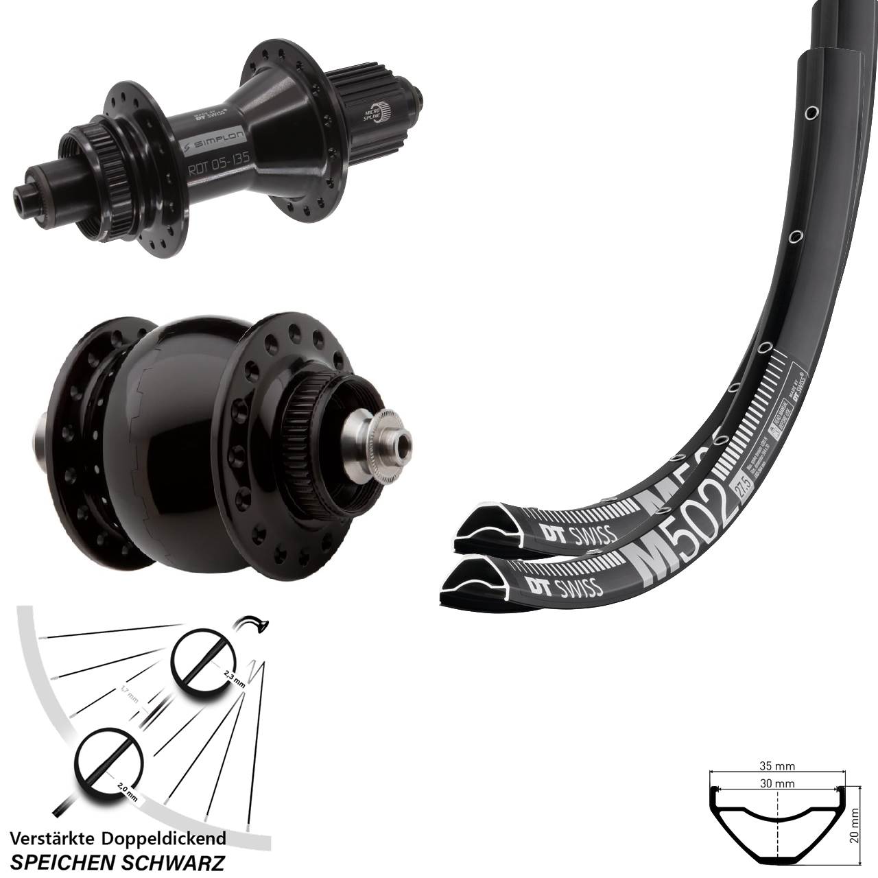 DT Swiss M502 370 Hybrid SON delux 29 Zoll Centerlock Laufradsatz QR Micro Spline