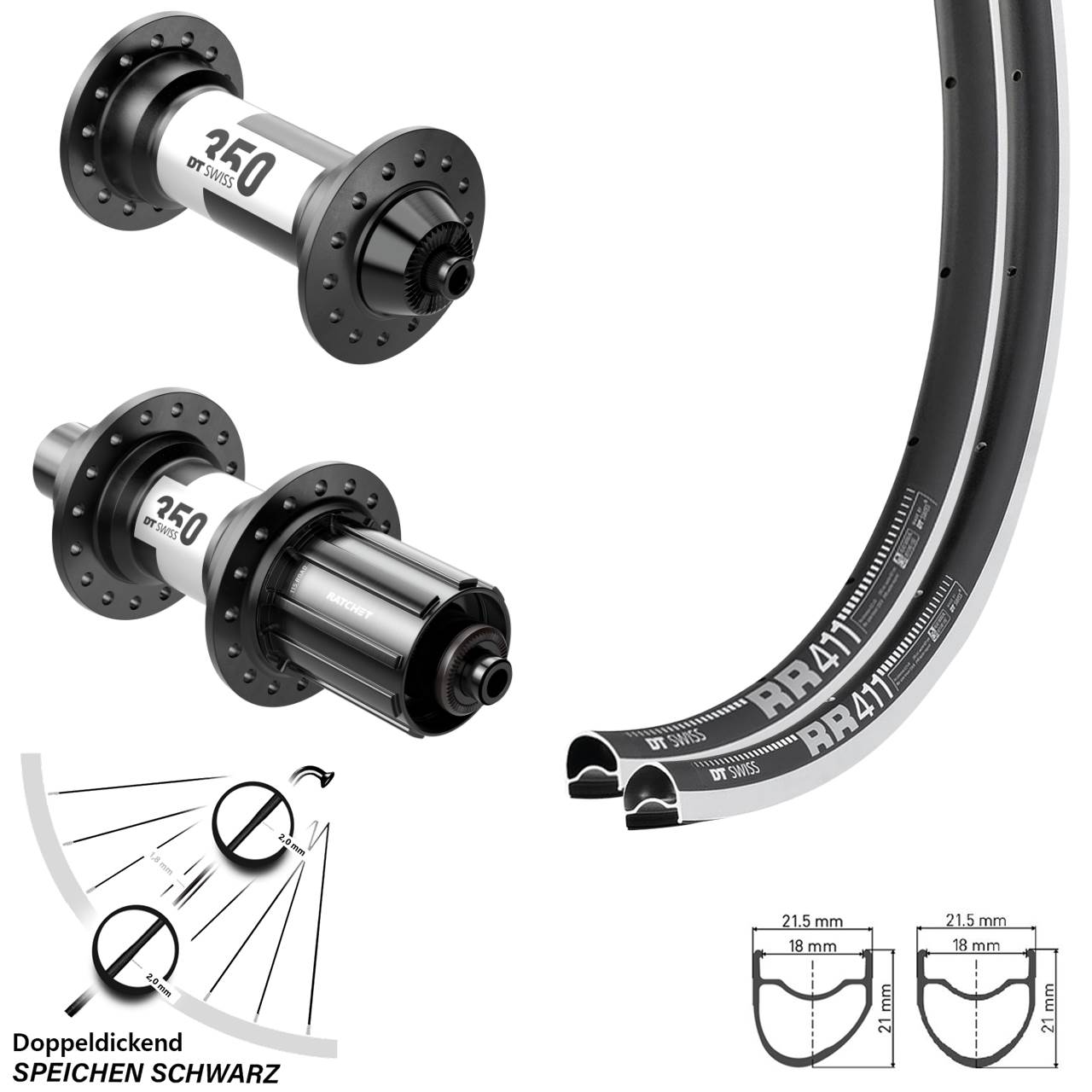 Laufradsatz 28 Zoll RR 411 DT Swiss 350 Road 8-12 fach für Schnellspanner