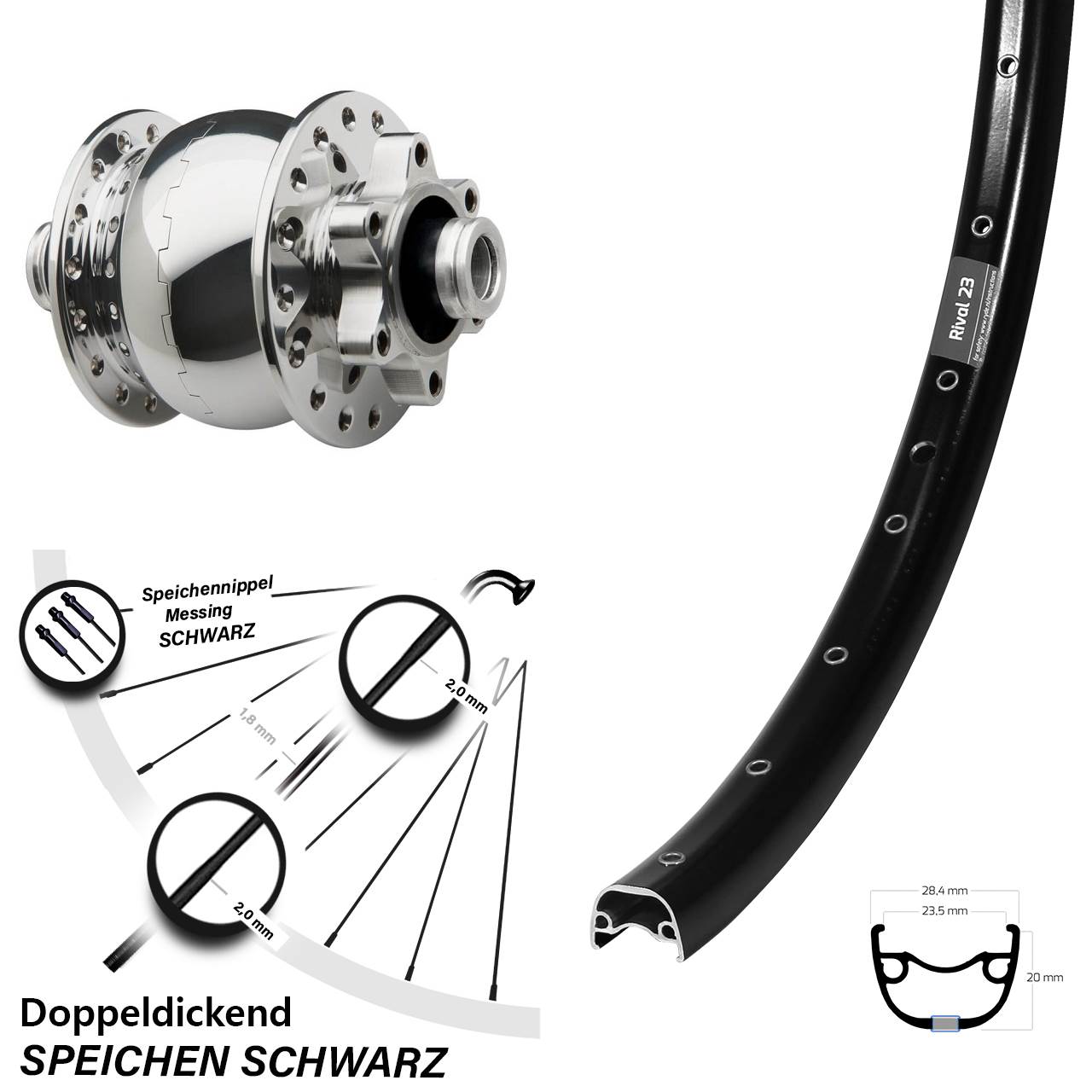 6-Loch Dynamo-Vorderrad 27,5 Zoll Ryde Rival 23 SON 28 poliert 12x100