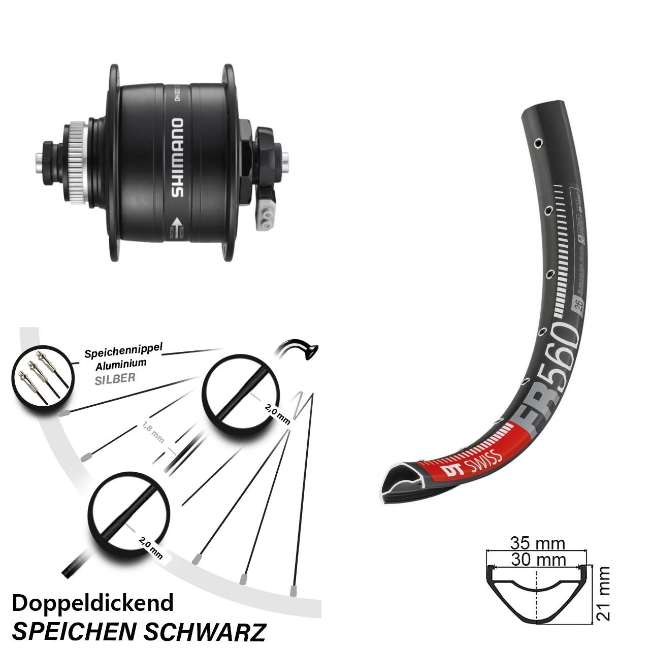 26 Zoll DT Swiss FR 560 Shimano DH-3D37 Disc Nabendynamovorderrad für Schnellspanner