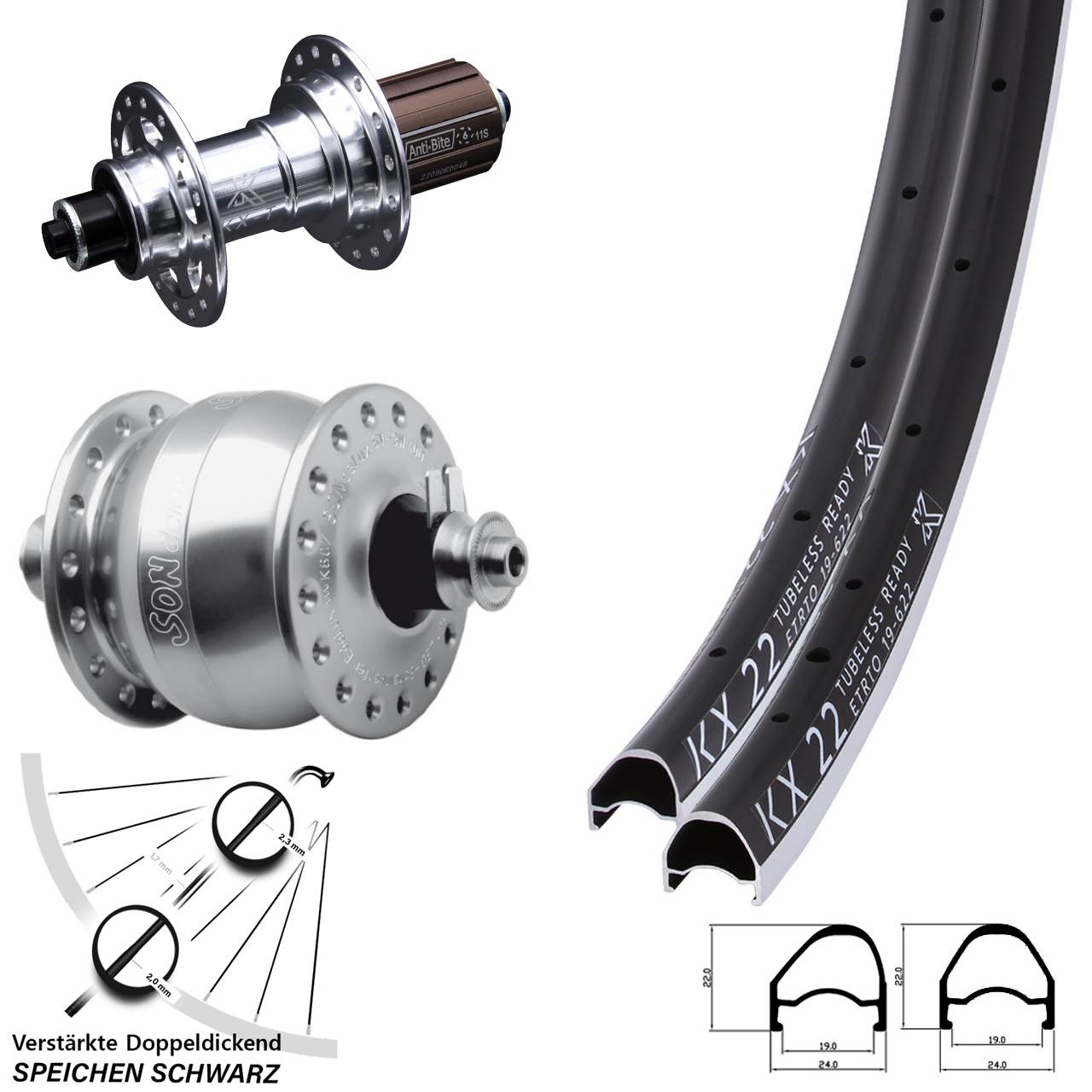 Laufradsatz für Schnellspanner 28 Zoll KX 22 OS KX-T SON delux 8-12 fach HG