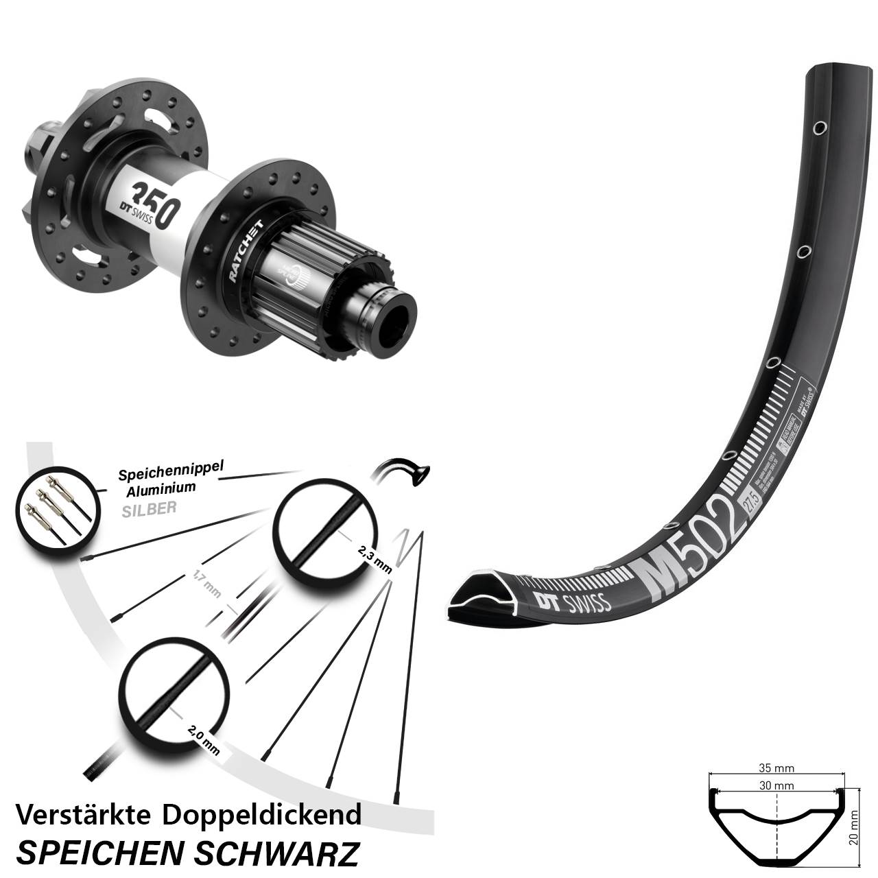 DT Swiss M502-350 Ratchet 36 27,5 Zoll Hinterrad 6-Loch 12x148 Shimano Micro Spline