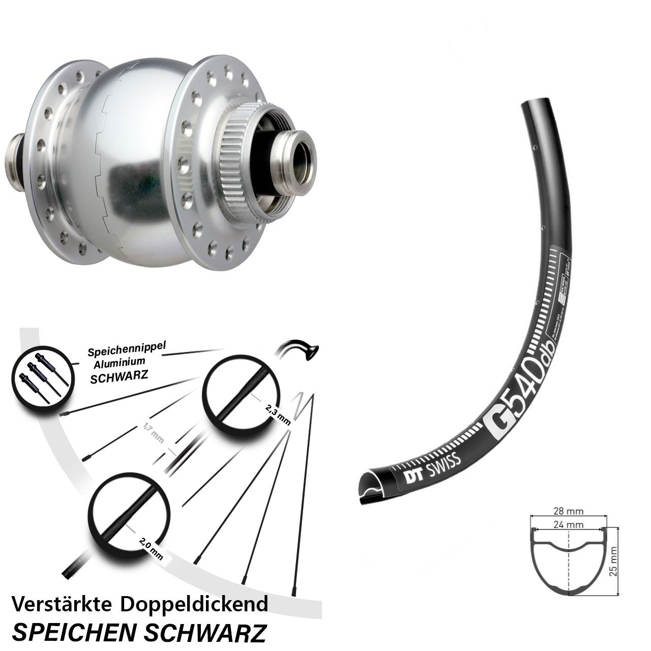 28 Zoll DT Swiss G540 SONdelux Disc Nabendynamovorderrad 12x100