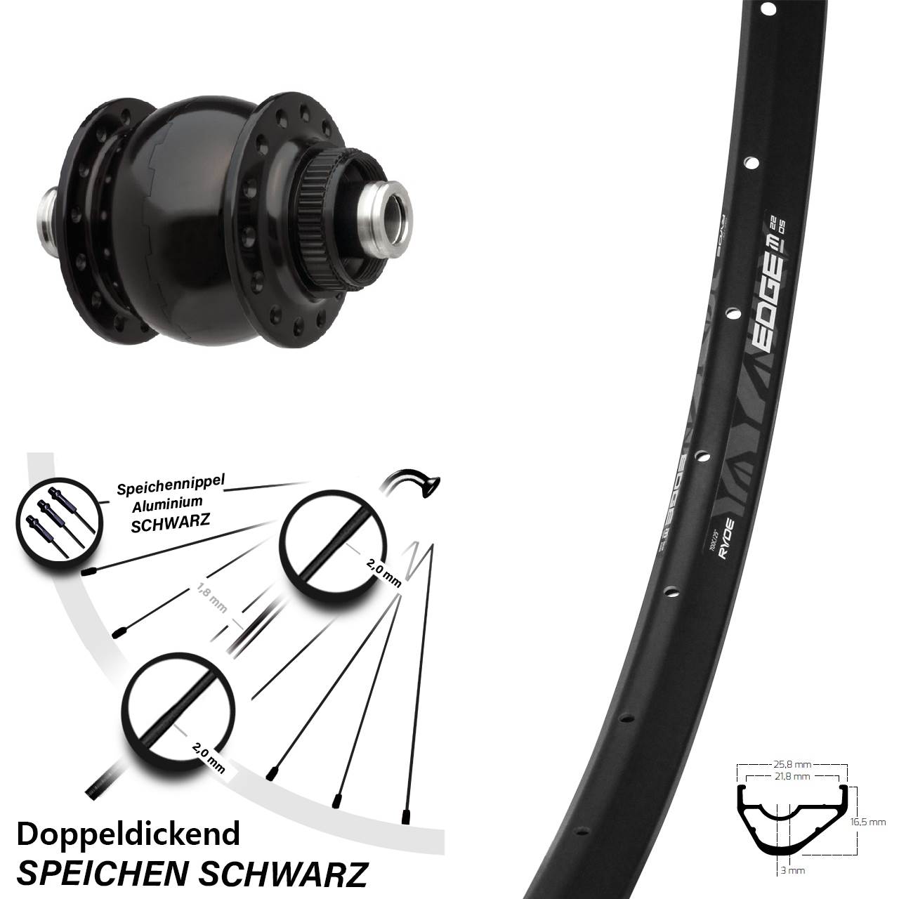 29 Zoll Ryde Edge M22 SONdelux Dynamo-Vorderrad Centerlock 12x100