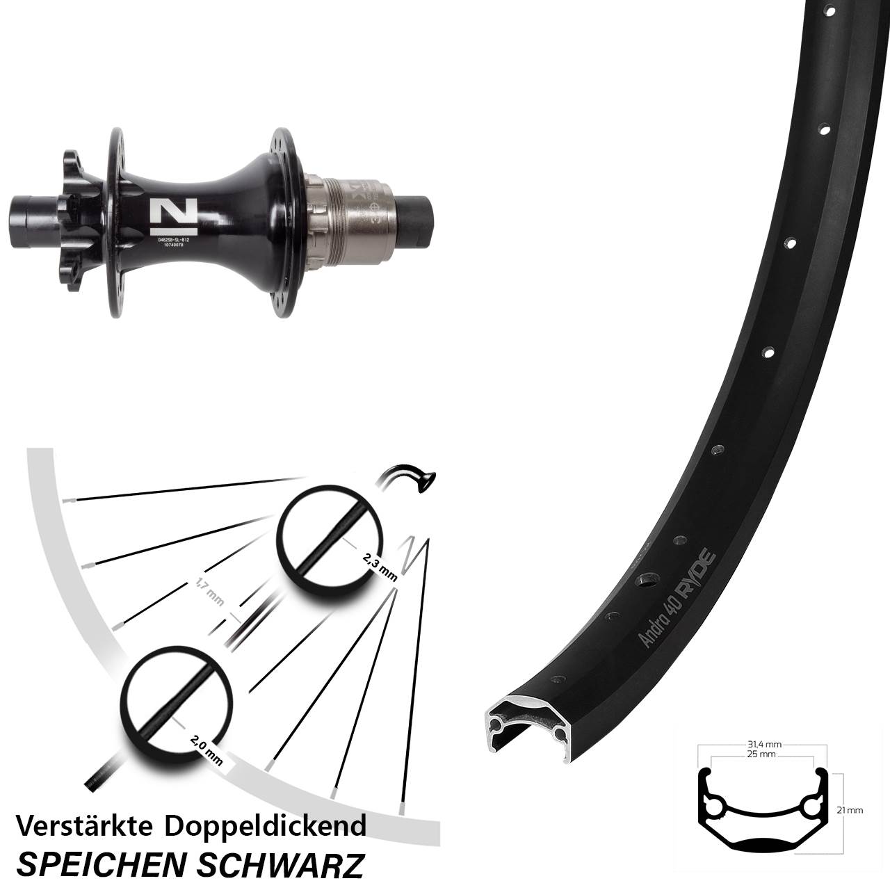 Ryde Andra 40 Novatec D462SB 26 Zoll 6-Loch Hinterrad 12x148 Boost XD 11-12 fach