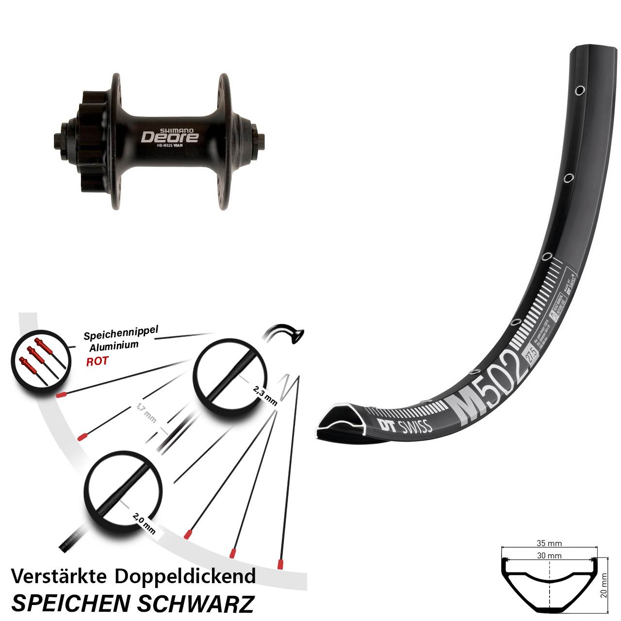 Vorderrad 6-Loch für Schnellspanner 27,5 Zoll DT Swiss M 502 Shimano Deore HB-M525