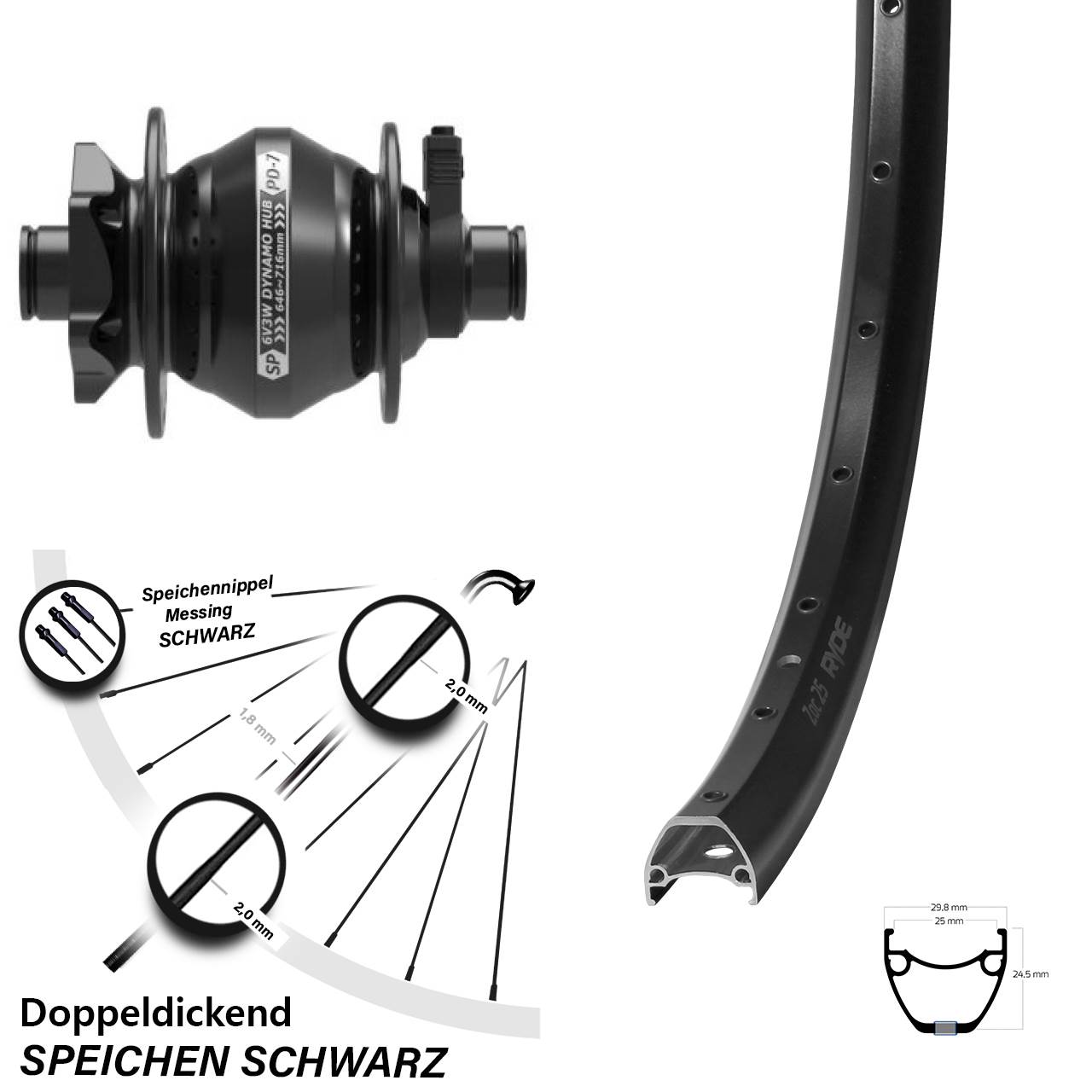 Disc Dynamo-Vorderrad 12x100 28 Zoll Ryde ZAC 25 Shutter PD-7