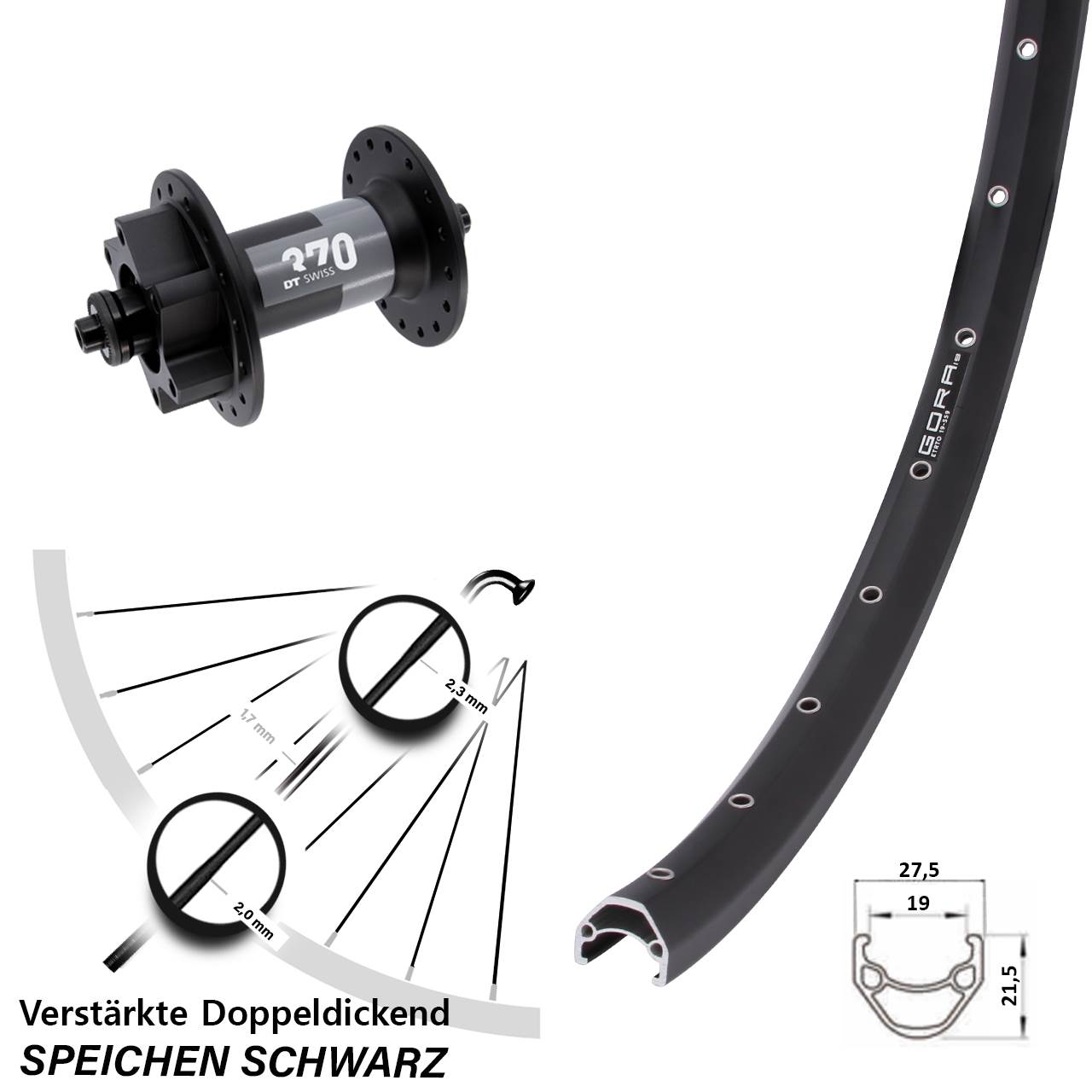 26 Zoll Gora 19 DT Swiss 370 6-Loch Vorderrad für Schnellspanner