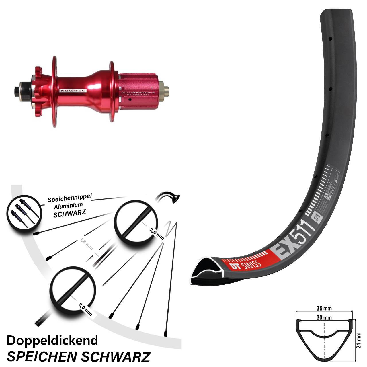 27,5 Zoll DT Swiss EX511 Novatec D792 Disc Laufrad QR 8-12 fach
