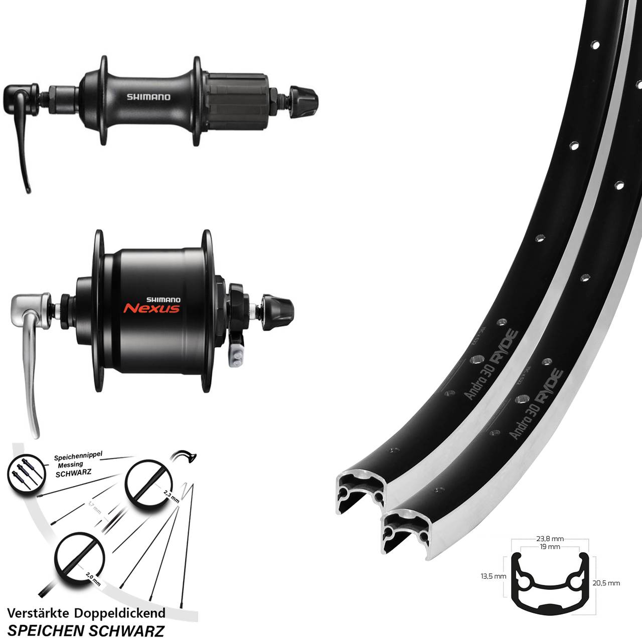 Ryde Andra 30 Shimano FH-T3000 Nexus DH-C3000 28 Zoll Laufradsatz QR 8-11 fa