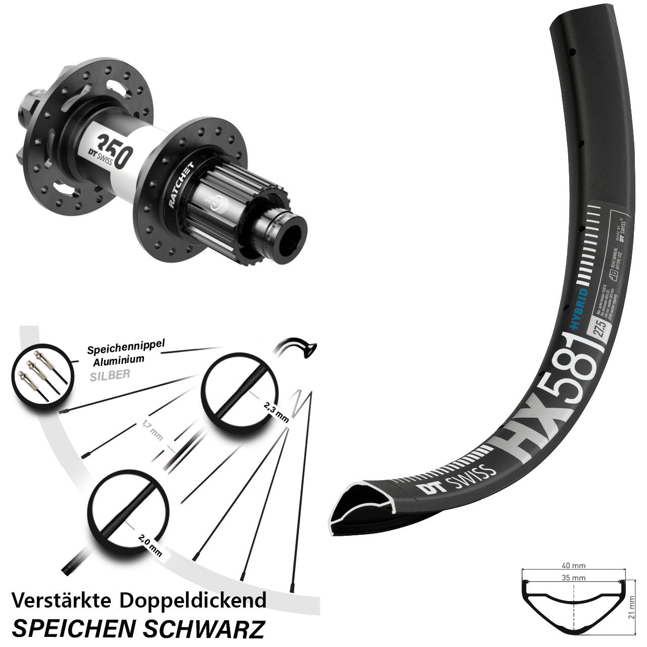 27,5 Zoll DT Swiss HX581-350 Hinterrad 6-Loch 12x148 Boost Micro Spline
