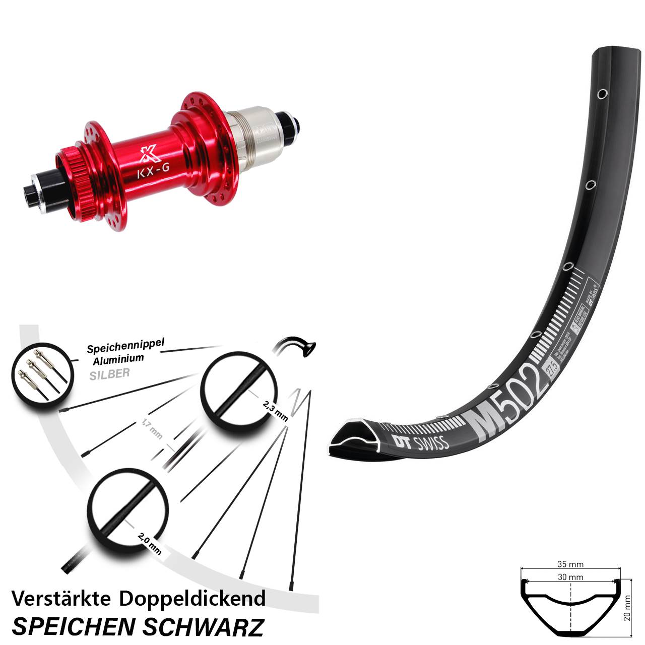 DT Swiss M502 KX-G rot 29 Zoll Disc Hinterrad für Schnellspanner SRAM XDR