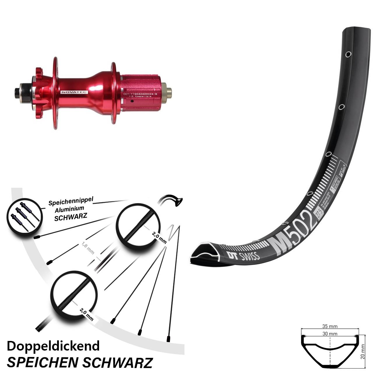 DT Swiss M502 Novatec D792 27,5 Zoll Disc Laufrad QR 8-12 fach HG