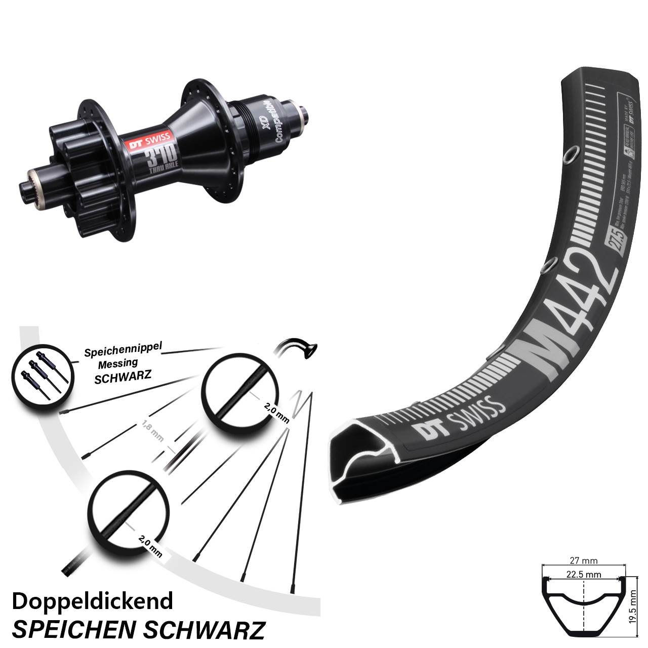schwarzes 29 Zoll Hinterrad M 442 DT Swiss 370 6-Loch Sram XD 5x135 mm