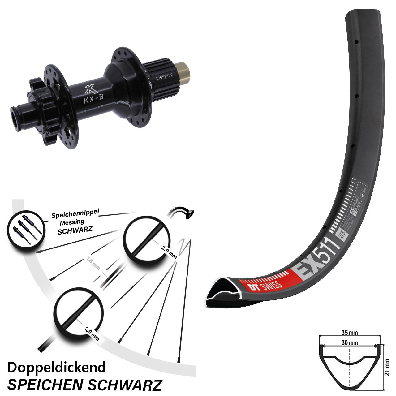 DT Swiss EX 511 27,5 Zoll Hinterrad KX-B 6-Loch Micro Spline 12x148