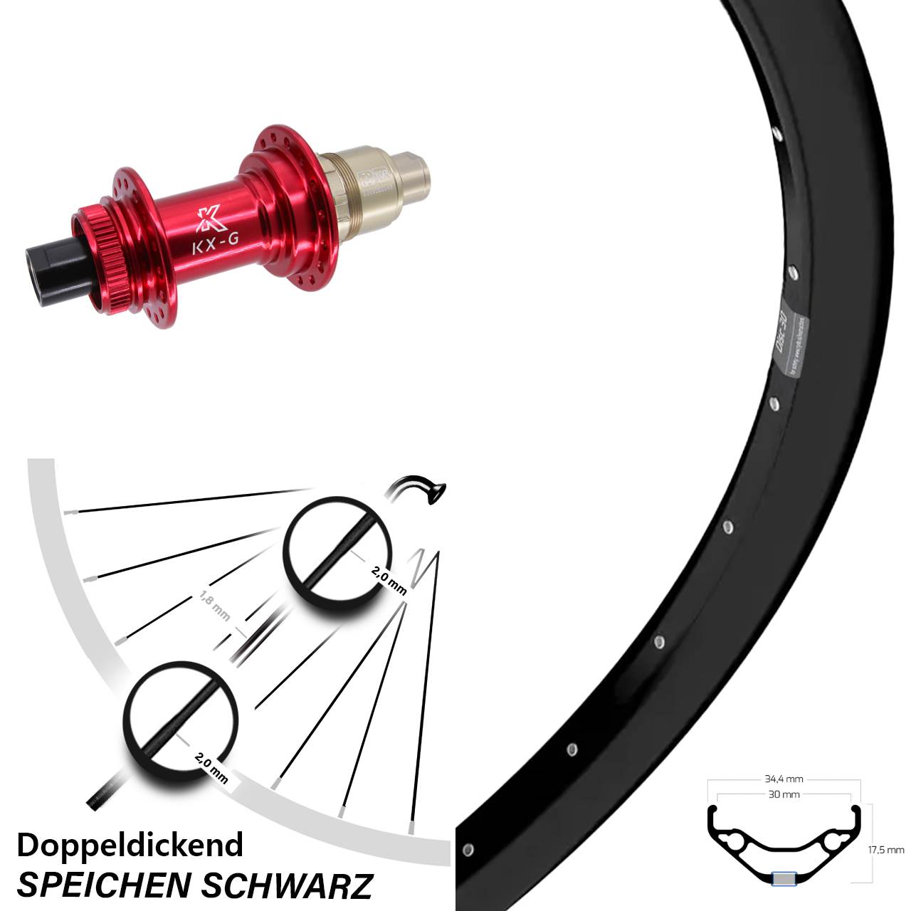 27,5 Zoll Ryde Disc 30 Hinterrad KX-G rot XDR 12x142