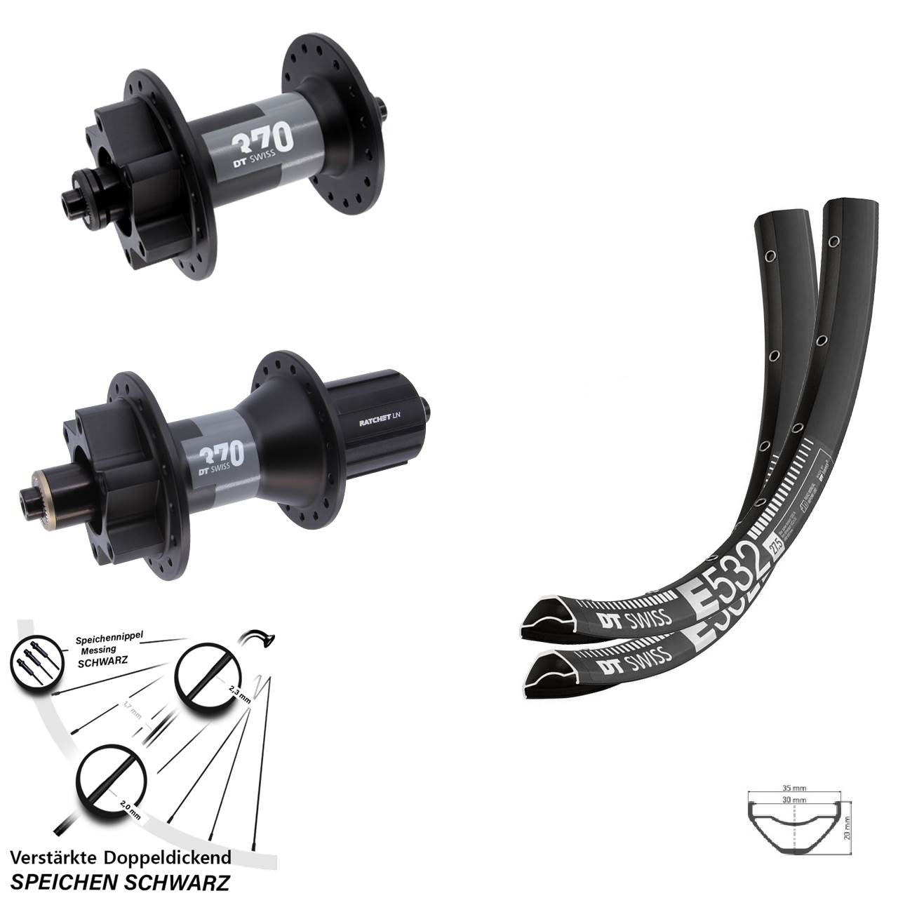 27,5 Zoll DT Swiss E 532-370 Disc Laufradsatz für Schnellspanner 8-11 fach