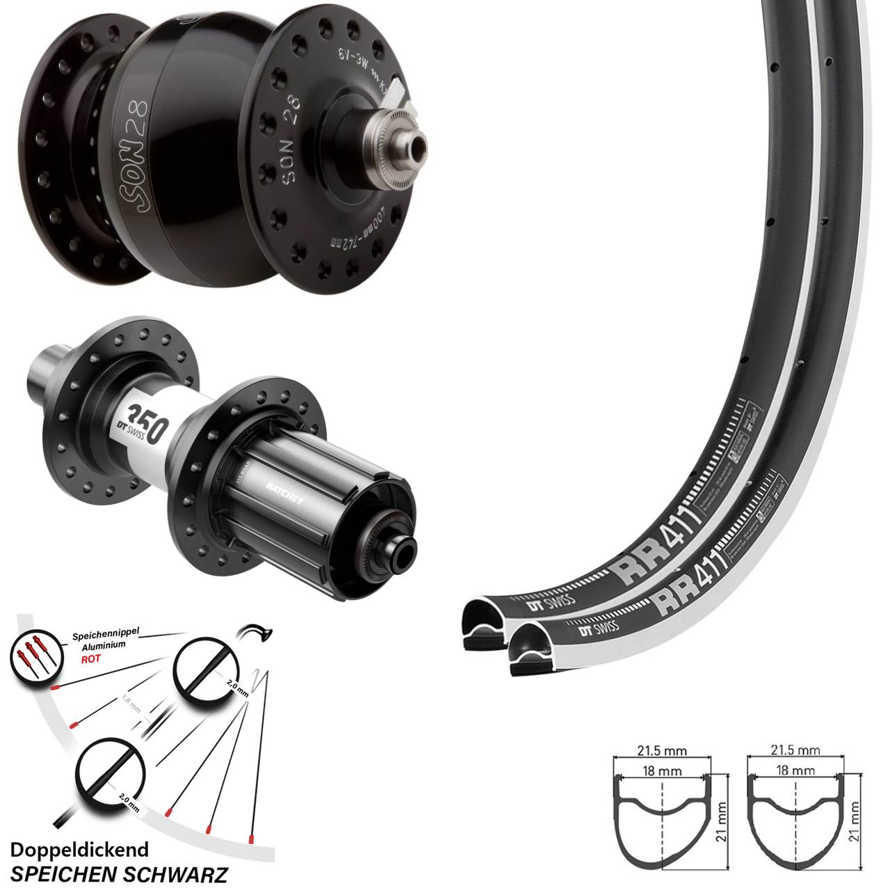RR411 OS DT Swiss 350 Road SON 28 Zoll Laufradsatz für Schnellspanner 8-12 fach HG