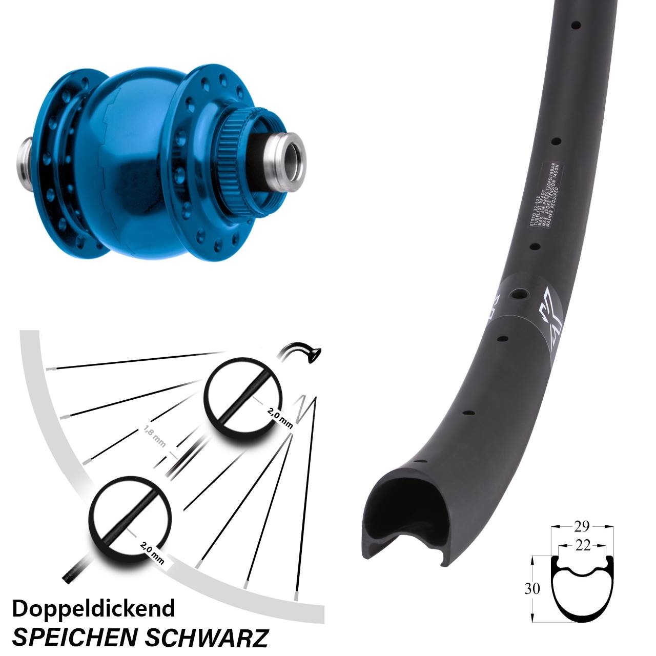 Centerlock Dynamo-Vorderrad 12x100 29 Zoll KX-RC Gravel Carbon SON 28 blau