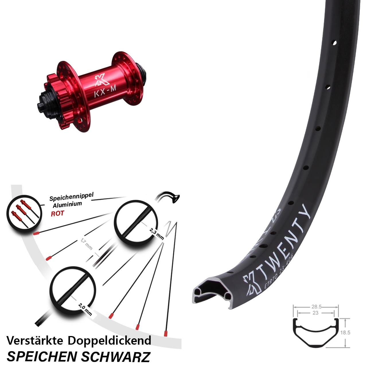 KX-M Twenty Vorderrad 20 Zoll verstärkt leicht Schnellspanner rot 6-loch Cargo