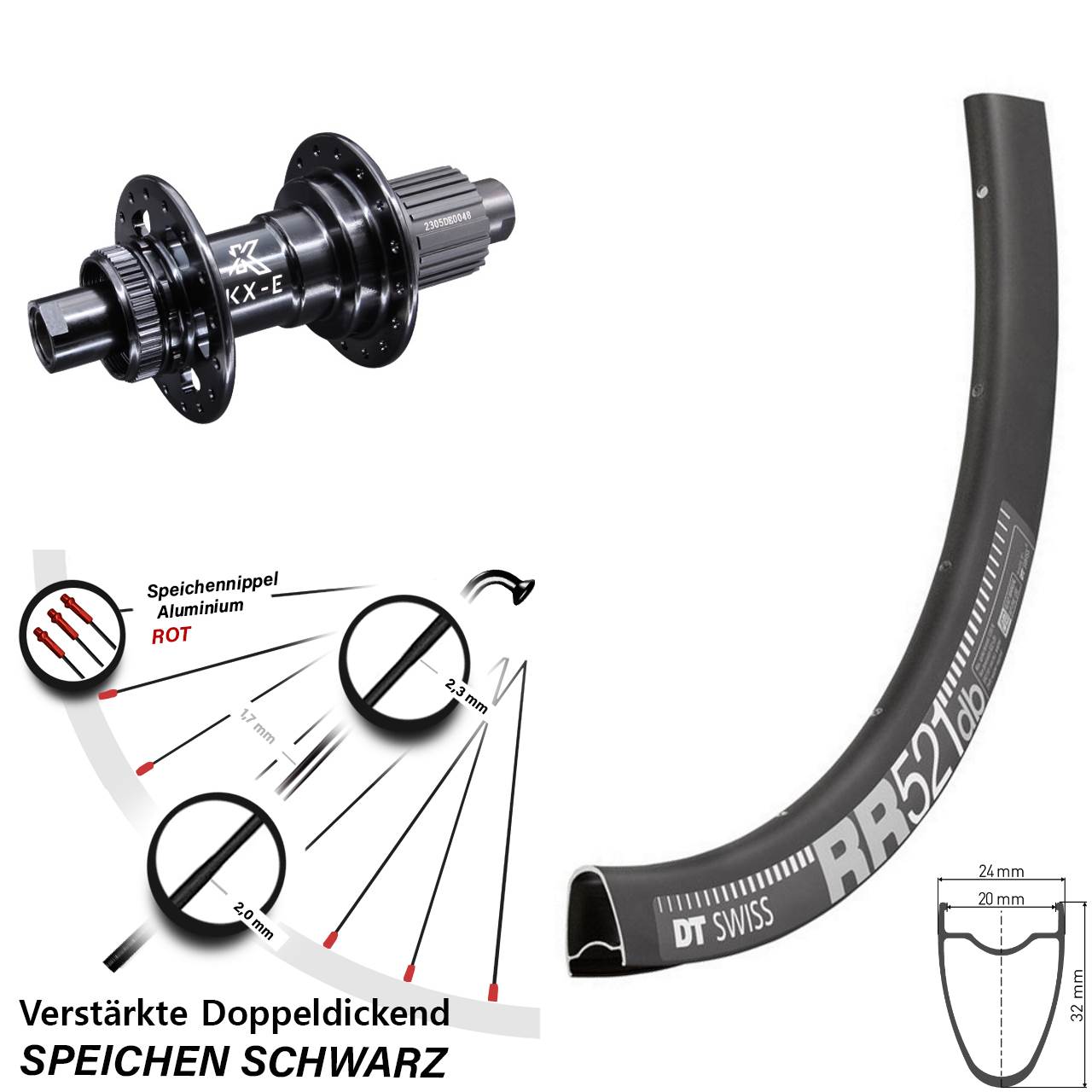 Centerlock Hinterrad 28 Zoll DT Swiss RR 521 KX-E Heavy Duty Micro Spline 12x142