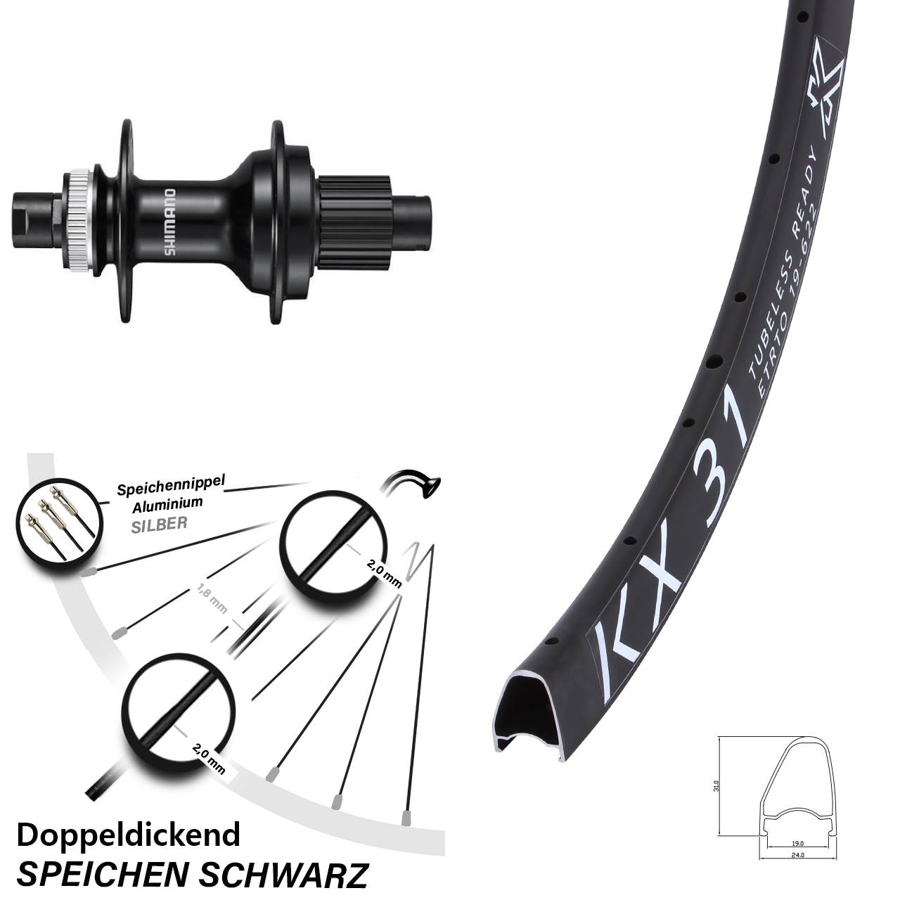 28 Zoll KX 31 Offset Shimano FH-MT510 Hinterrad Centerlock 12x142 Shimano Micro Spline