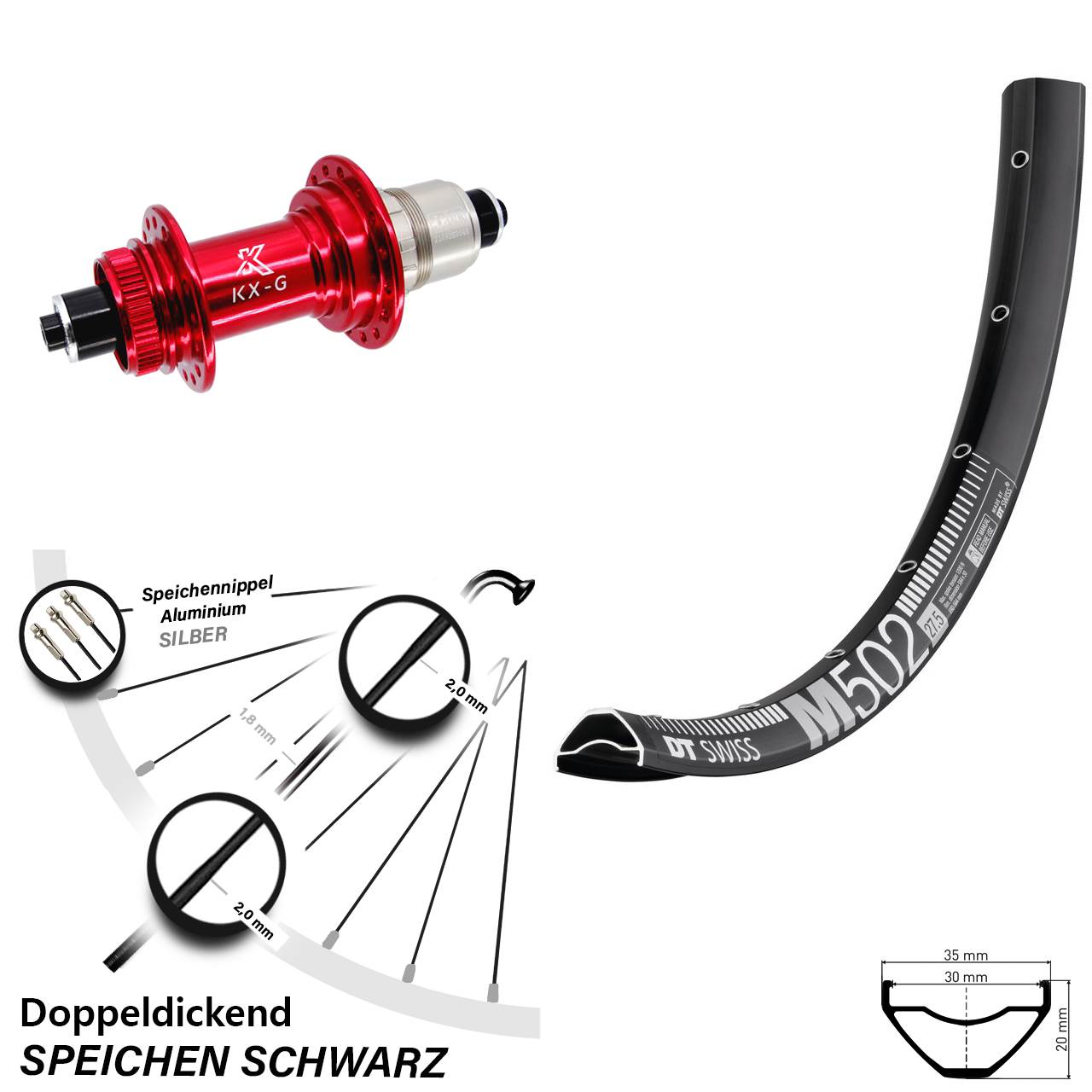 Disc Hinterrad QR 29 Zoll DT Swiss M 502 KX-G rot XD-R