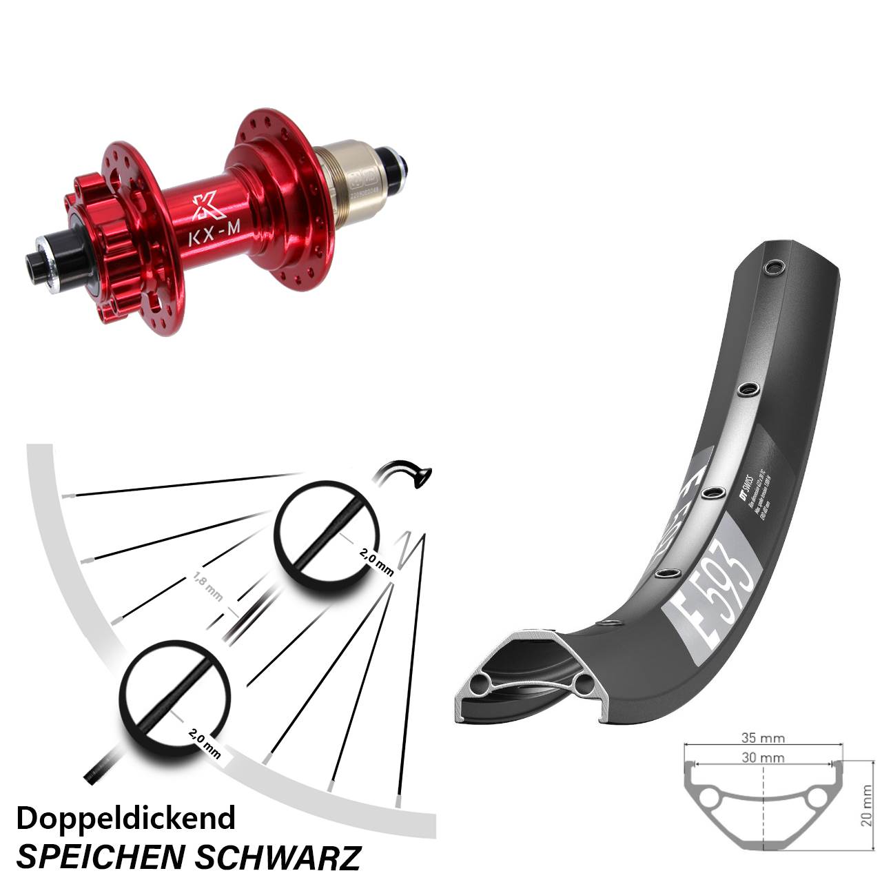 650B DT Swiss E 593 KX-M rot 6-Loch Hinterrad QR XD
