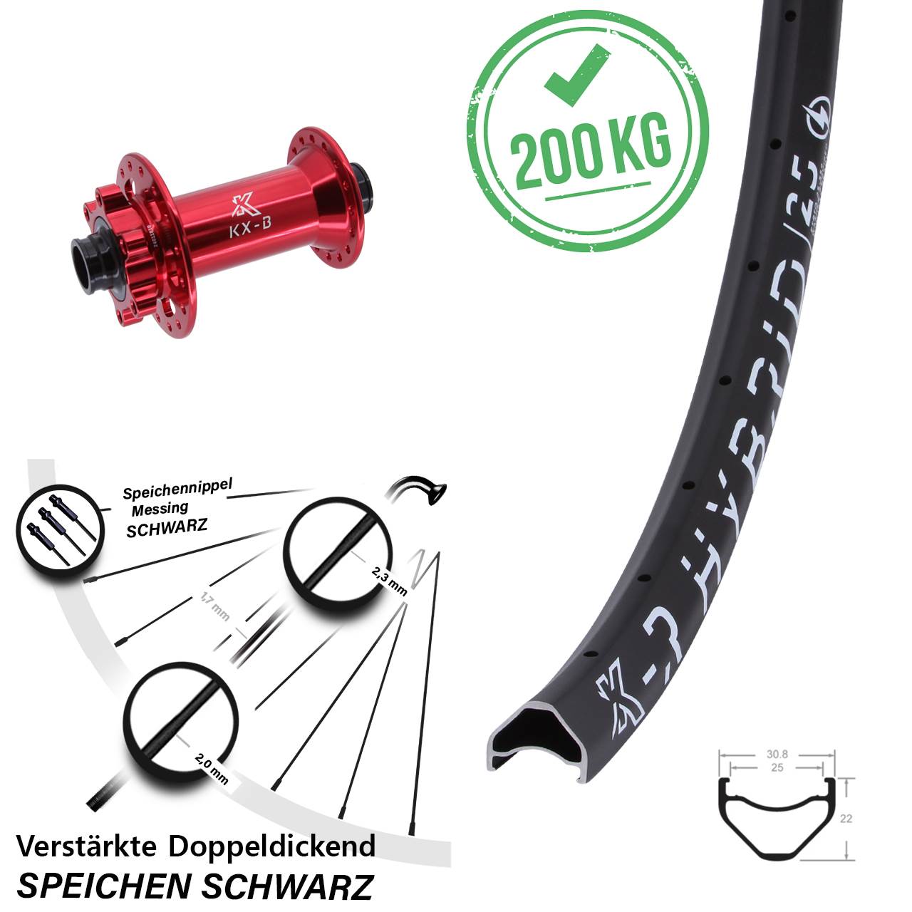 KX-BR Hybrid 25 rot 27,5 Zoll Disc Laufrad 15x110 Boost