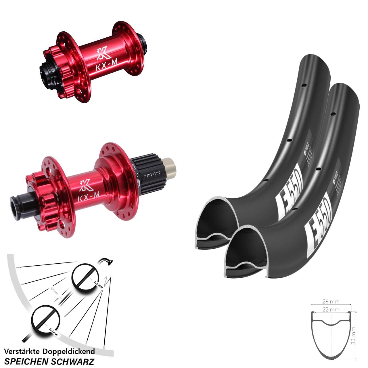Disc Laufrad-Satz 28 Zoll DT Swiss E550 KX-M rot Shimano Micro Spline 12x100/142