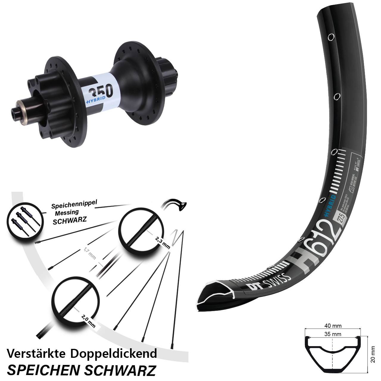 Hinterrad 27,5 Zoll DT Swiss H612-350 Hybrid 6-Loch Singlespeed 5x135