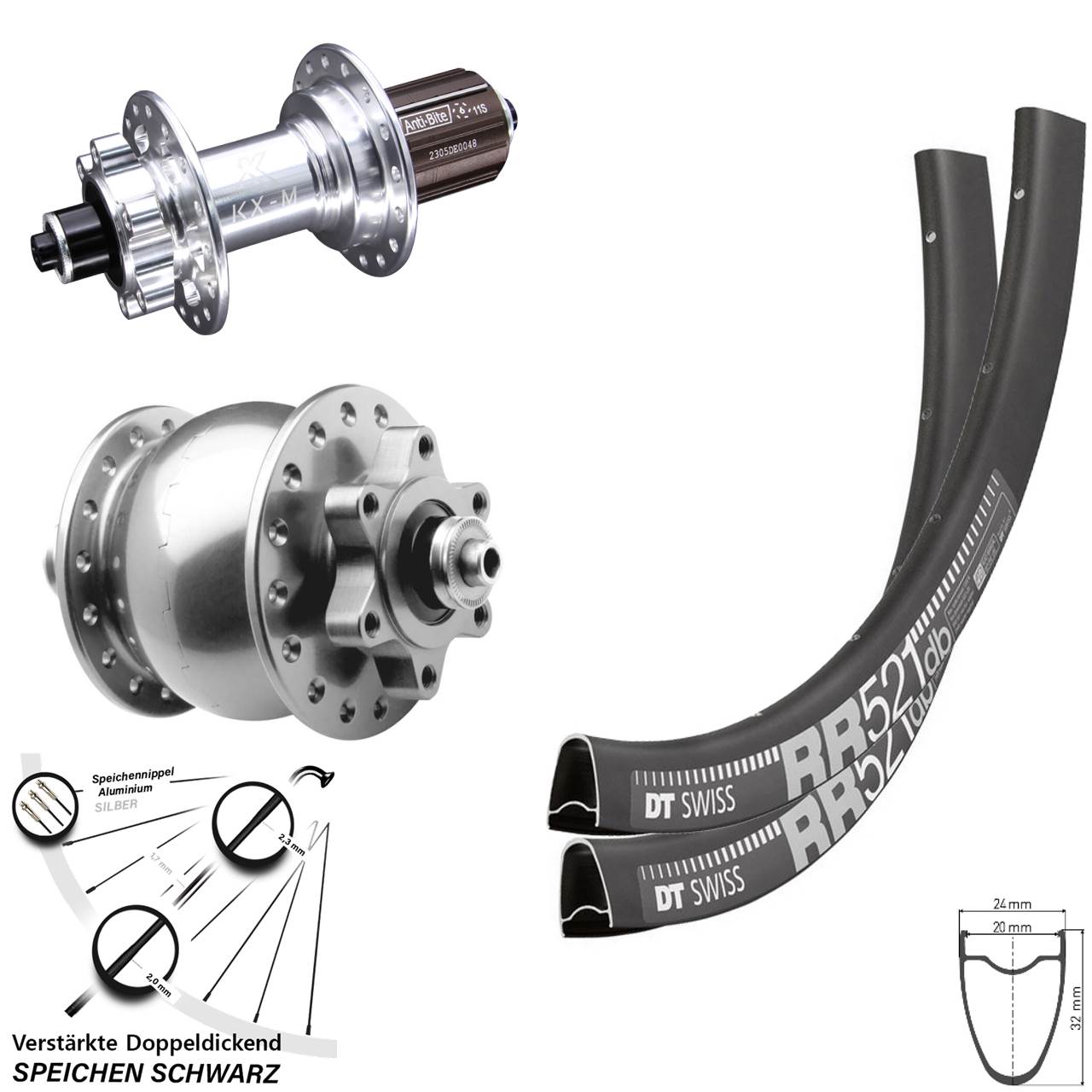 6-Loch Laufradsatz 28 Zoll DT Swiss RR 521 KX-M SON 8-12 fach QR